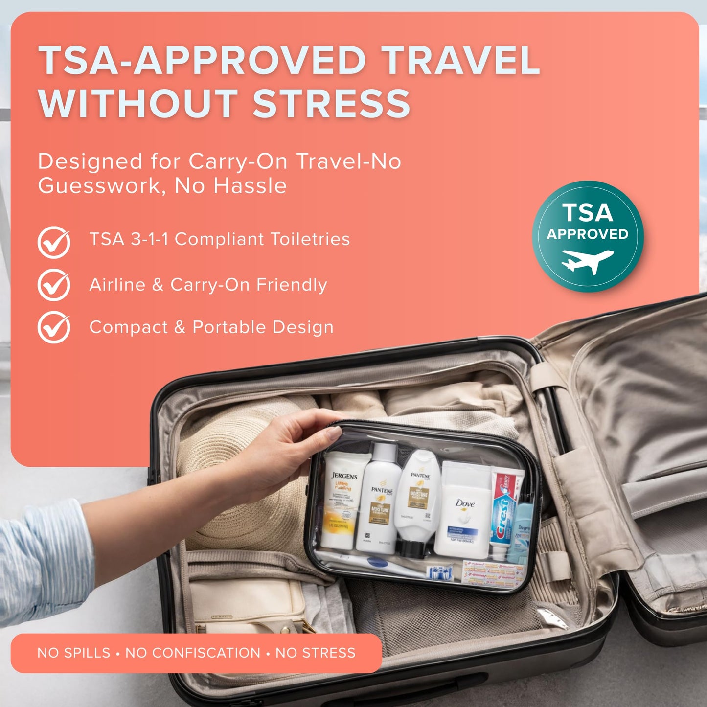 TrekTote 15-Piece Women’s Travel Toiletry Kit – Premium Brand-Name Shampoo, Conditioner, Body Wash, Deodorant & Toothpaste, TSA Approved Travel Size Set with Clear Bag