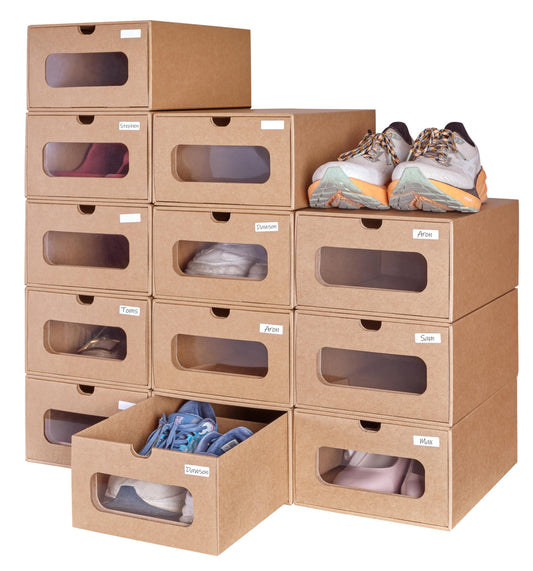 12 Pack Shoe Storage Bins Big Size(13.8'' x 9.6'' x 5.7''),Waterproof Storage Boxes,Shoe Containers For Sneaker Display,Hat Organizer,Stack-able Cardboard Boxes,with Marking Labels,Transparent Window
