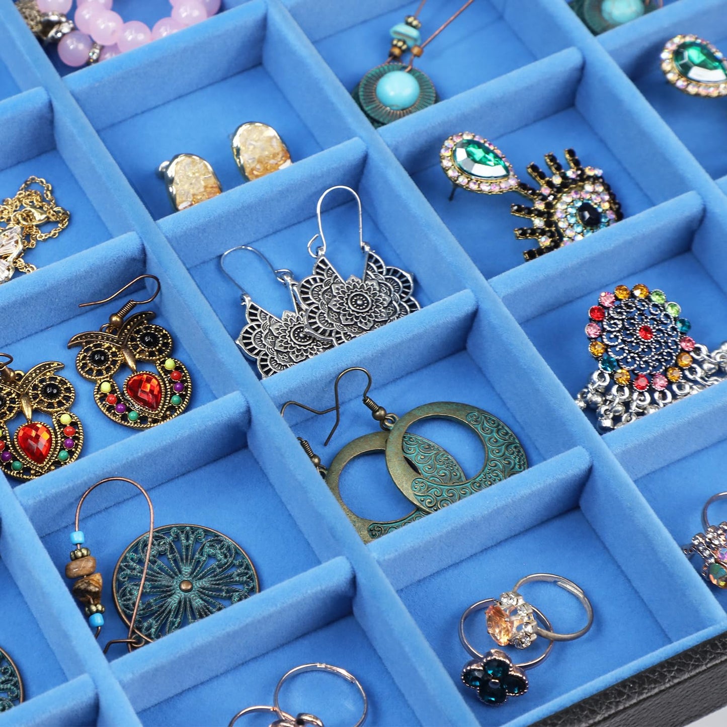 Stratalife Jewelry Holder Organizer Jewelry Drawer Organizer Earring Holder Jewelry Organizer Tray Earring Organizer for Women Girls Anti Tarnish Jewelry Box 30 Grid (Blue Black)