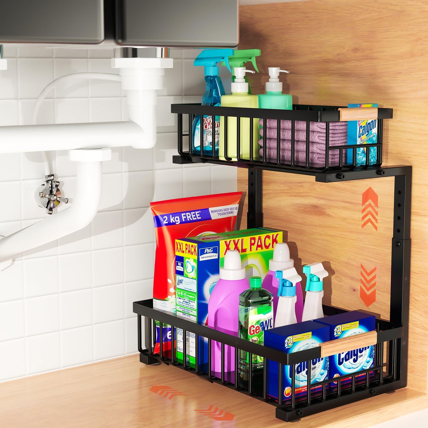 HOMVIA Under Sink Organizer, 2-Tier Pull-Out Cabinet Organizer – Adjustable Height, Left or Right Install – Smooth Slide-Out Drawers, Heavy-Duty Metal Rack for Kitchen & Bathroom, 1 Pack