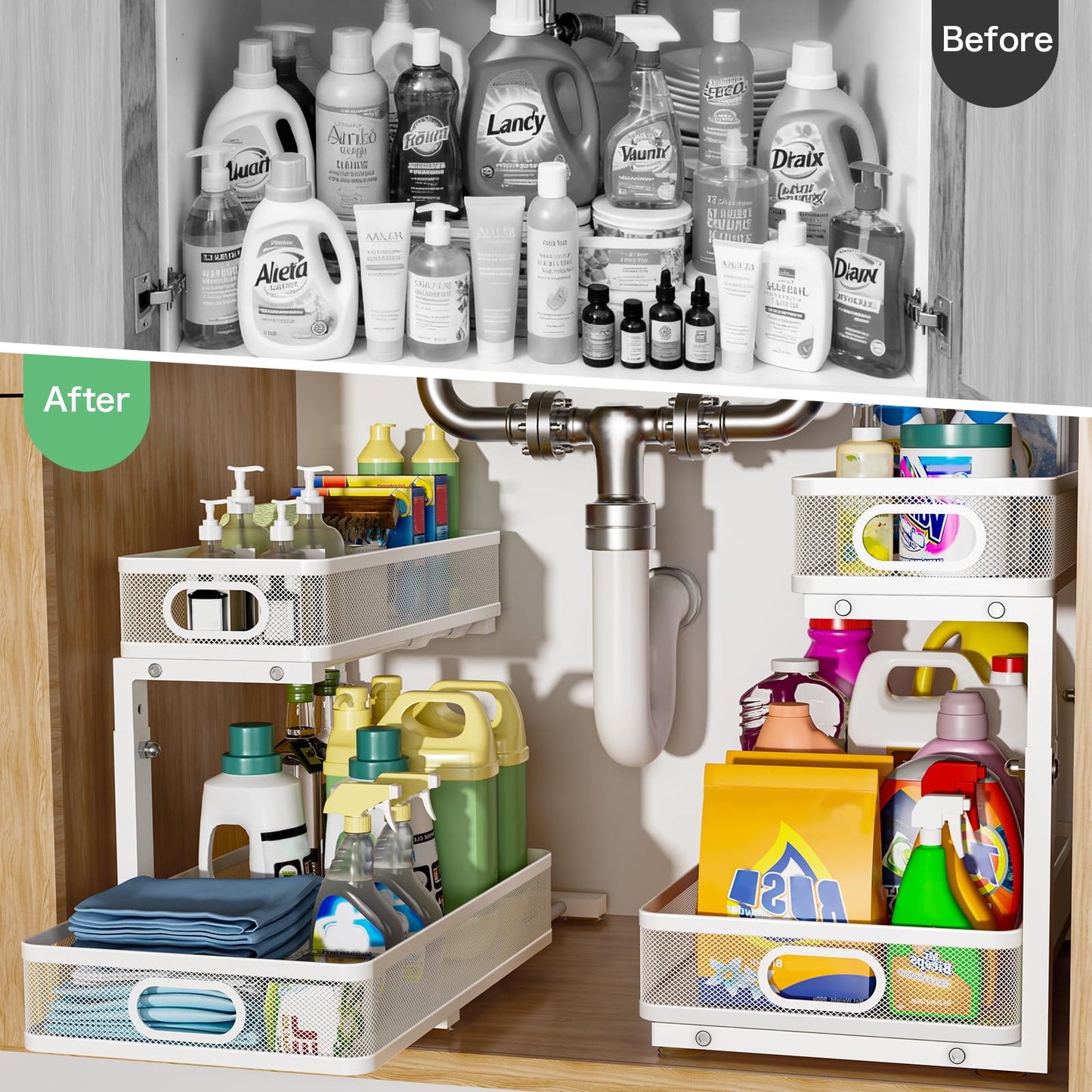Dolesman Under Sink Organizer, High Adjustable 2 Tier Under Sink Organizers and Storage, Slide out Metal Cabinet Organizers, Pull out Storage Drawer Shelf for Kitchen Bathroom Cabinet (1, White)