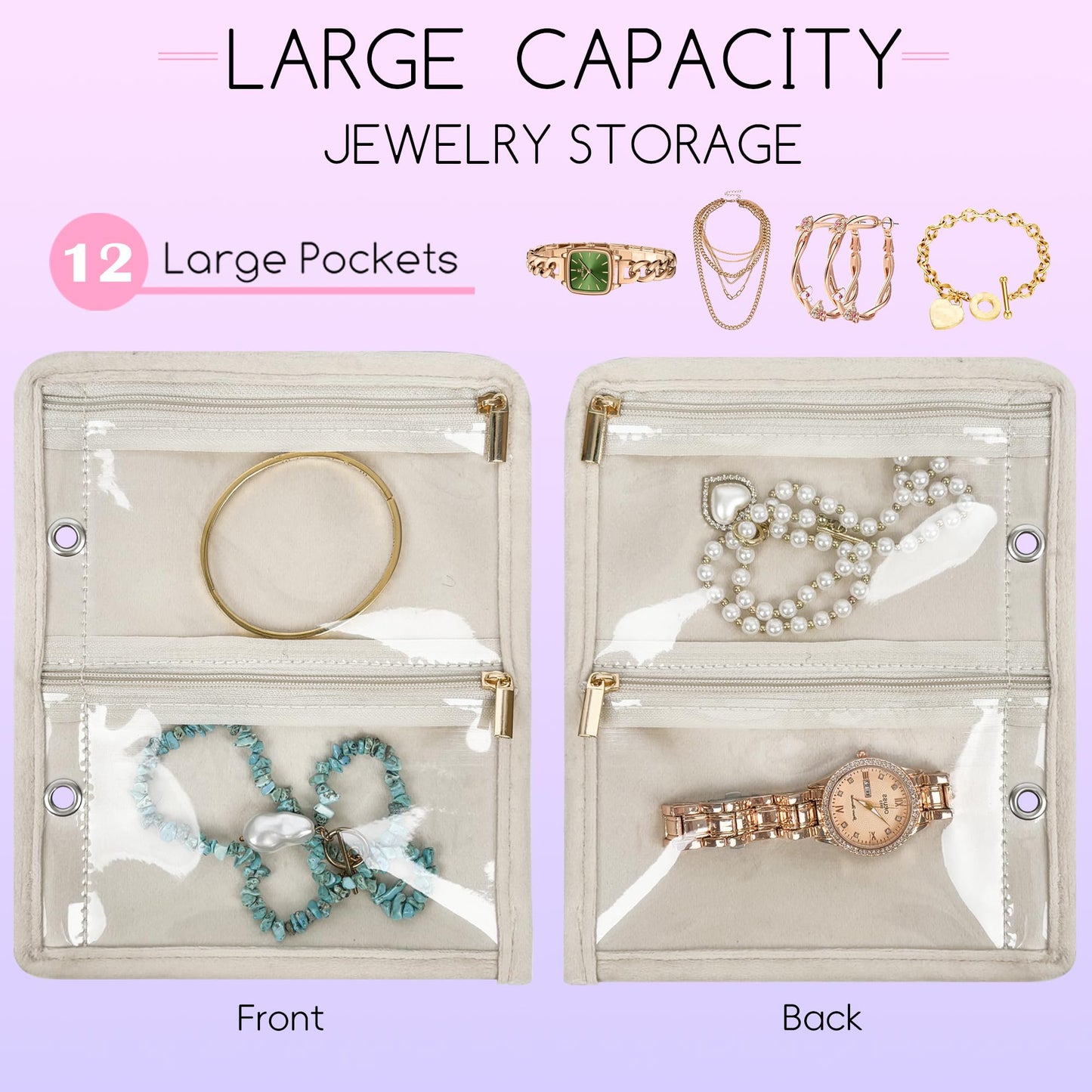 LingLingo Travel Jewelry Organizer Case,Small Jewelry Bags for Traveling, Jewelry Binder with 24 Pcs Clear Zipper Velvet Pouches (Inner Pages,Beige,3 PCS)
