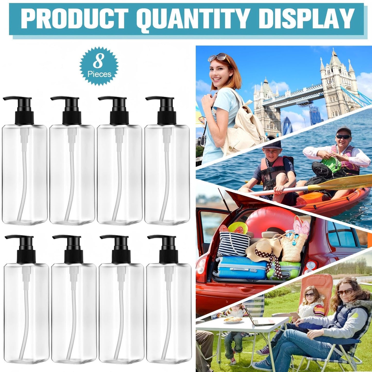 Didaey 8 Pcs Empty Shampoo Bottles with Pump 16 Oz Plastic Soap Dispenser Refillable Body Wash Bottles for Bathroom, Kitchen Sink, Hotel, Salon(Transparent, Black)