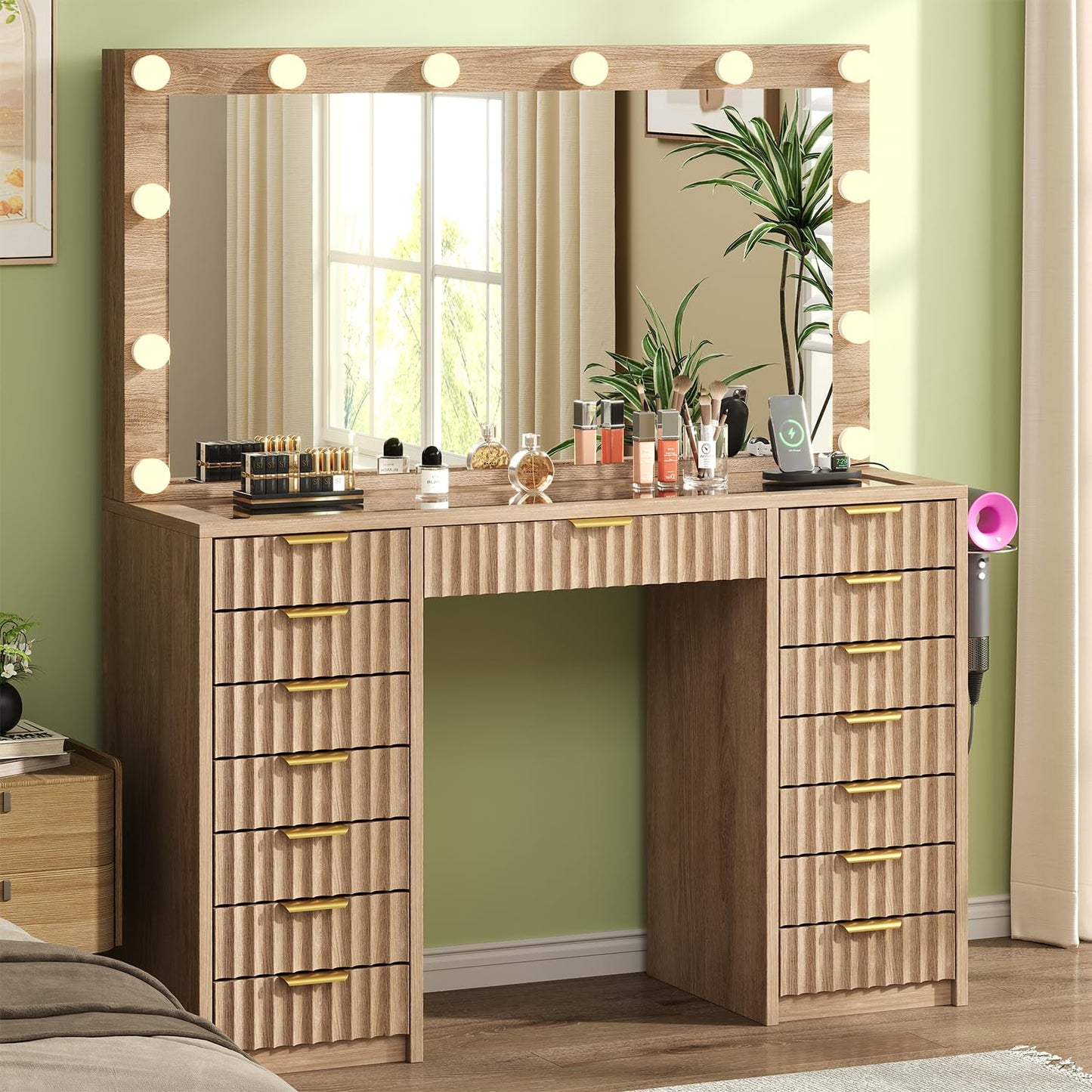 knoworld 15 Drawers Fluted Vanity Desk with Glass Top, 47" Makeup Vanity with Large Mirror and 12 LED Lights, Dressing Table with Power Outlet for Bedroom, Natural