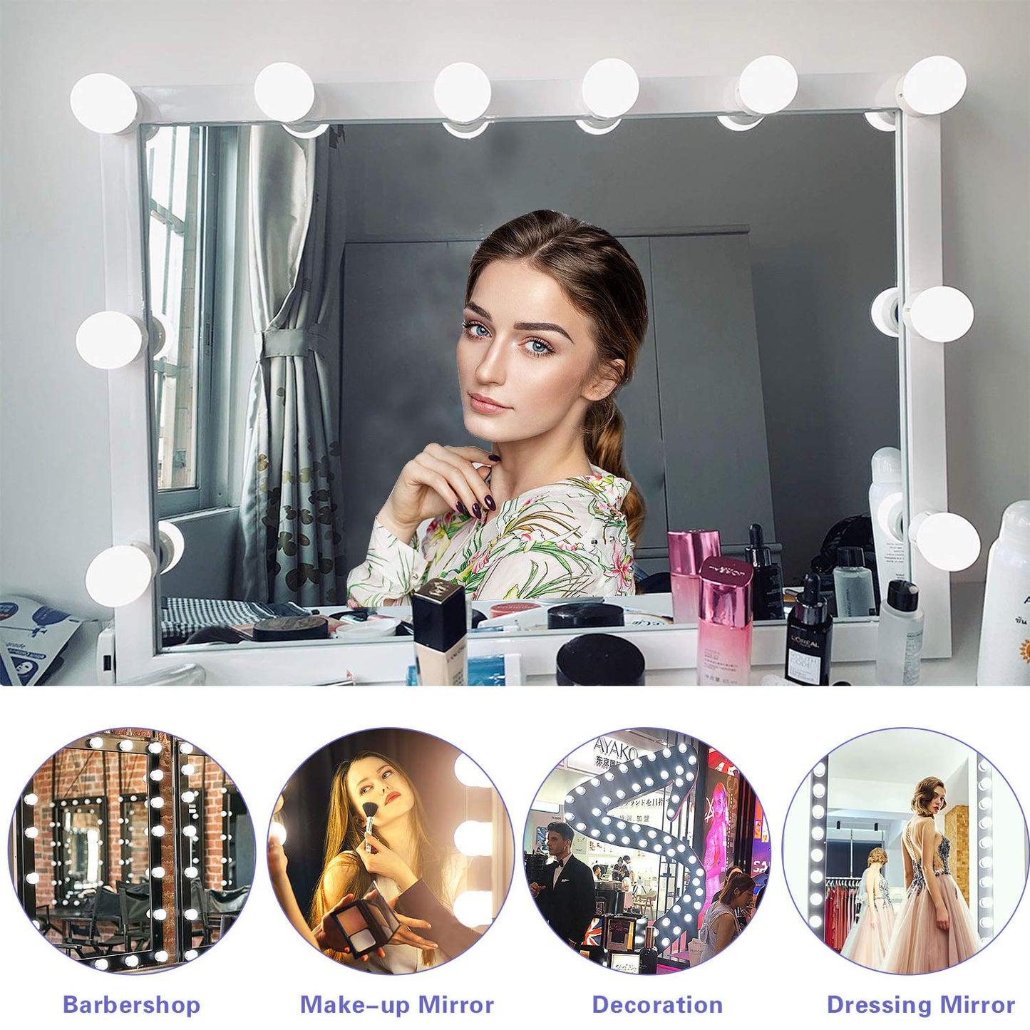 SICCOO Vanity Mirror Lights, 10 Dimmable Bulbs DIY Hollywood Style LED Makeup Mirror Lights with USB Cable, Lighting Fixture Strip for Makeup Dressing Table Bathroom Dressing Room etc, White