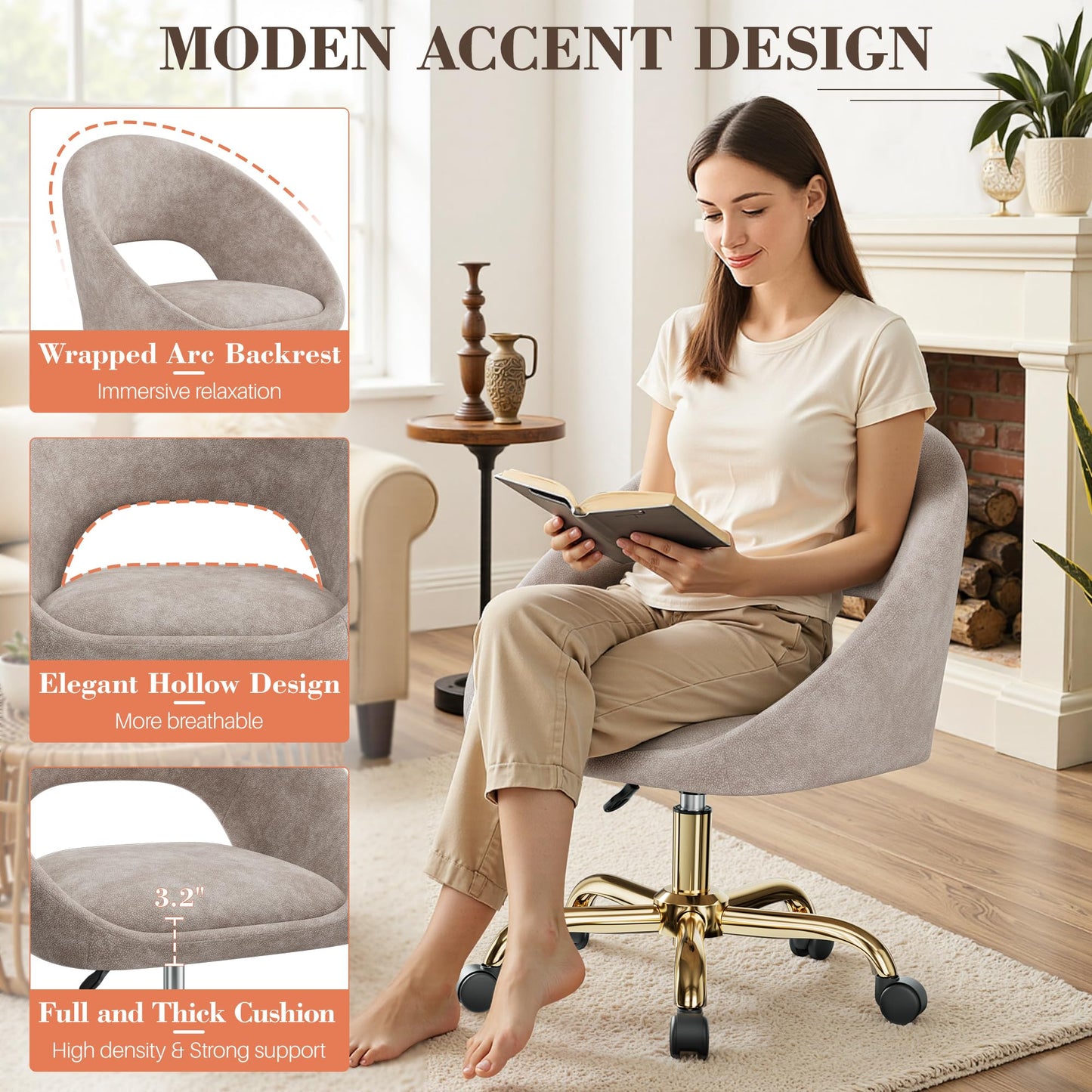 BestEra Vanity Chair with Wheels, Waterproof Modern Makeup Vanity Chairs with Back Adjustable Height, Comfy Cute Home Office Desk Chairs for Bedroom, Living Room (Khaki)