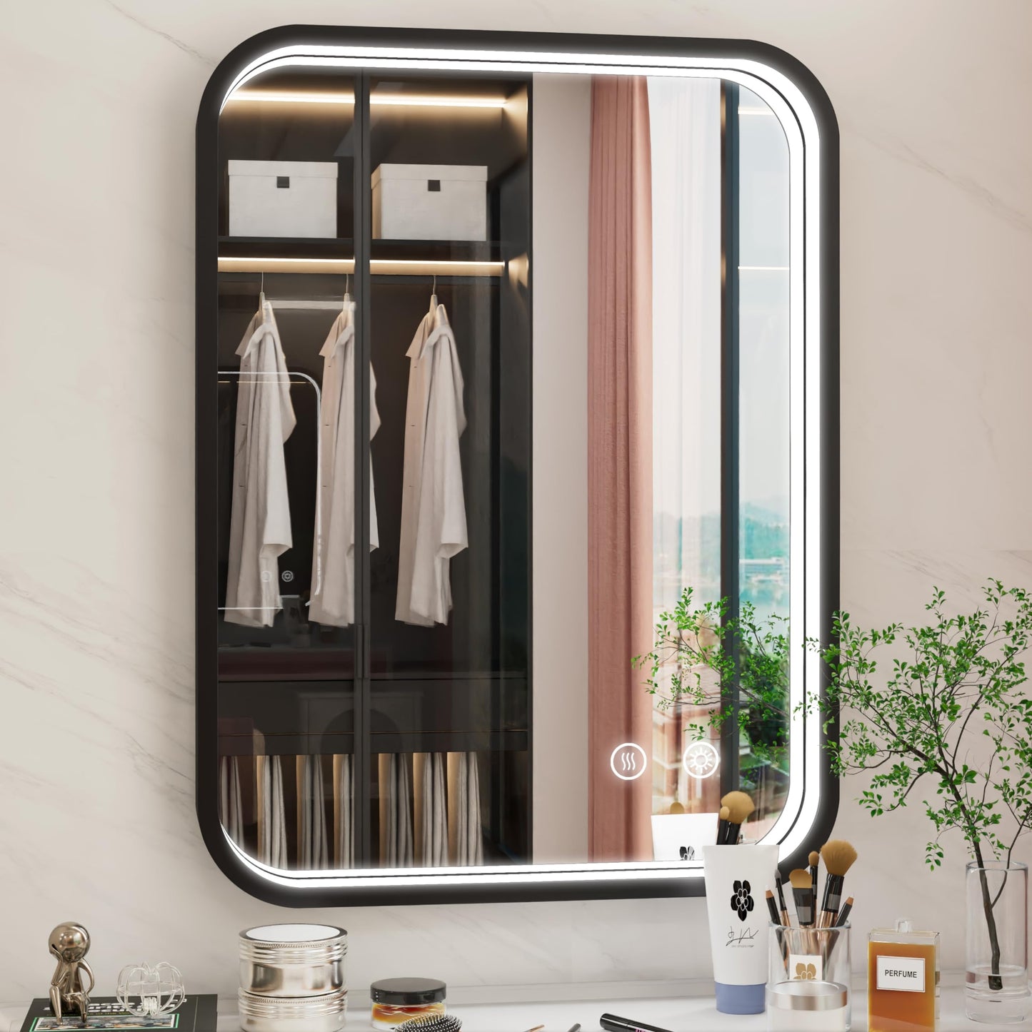 JSneijder 24"x32" LED Bathroom Mirror with Lights, Black Aluminum Frame