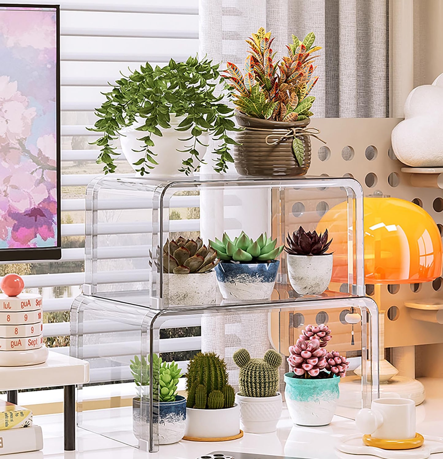 Set of 4 Clear Cabinet Organizer Riser Stand, Shelf Organizer for Kitchen Storage, Display Pantry Shelf Room Decor Countertop Desk Shelves, Retail Display Stand (4)