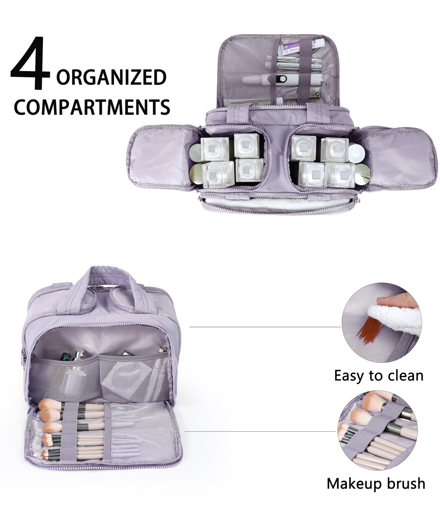 BUZFOWU Travel Toiletry Bag for Women, Large Wide-open Puffy Cosmetic Makeup Bag with Wet-Dry Separation, Multi-Pocket Organizer with Carry Handle for Toiletries, Cosmetics, Essentials, Light Purple