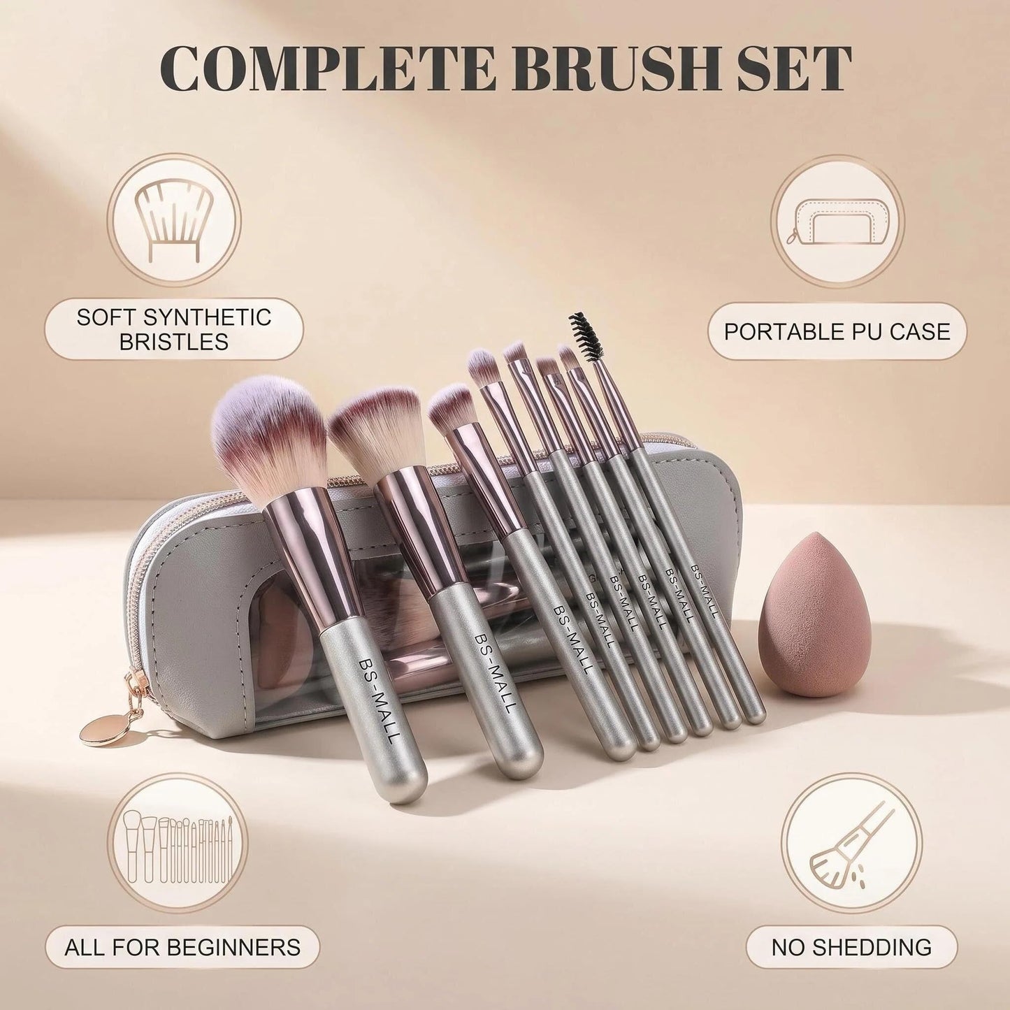 Travel Makeup Brush Set BS-MALL14 PCS Professional Makeup Brushes with Case & Sponge for Foundation, Concealer, Powder, Blush & Eyeshadow, Soft Synthetic Brush Kit for Women, Beginners & Travelers