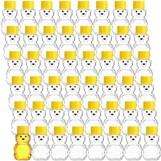 Patelai 48 Pcs 2 oz Plastic Honey Bear Bottle Clear Empty Honey Containers Bulk Reusable Mini Cup Jars with Lids Juice Bottle for Holidays Baby Shower Gifts(Yellow)