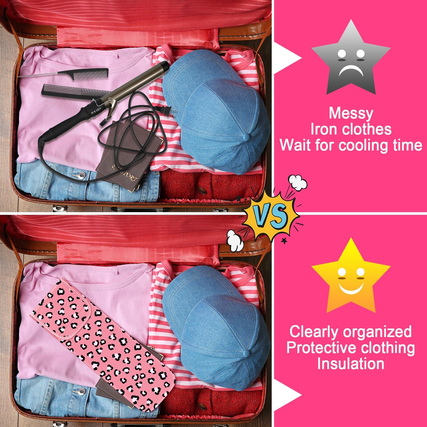 Shappy 2 Pcs Heat Resistant Hair Tools Bag Curling Iron Travel Case Cover Neoprene Flat Iron Holder Travel Case and Silicone Mat Pouch for Hot Hair Tools Storage Organizer(Leopard Style)