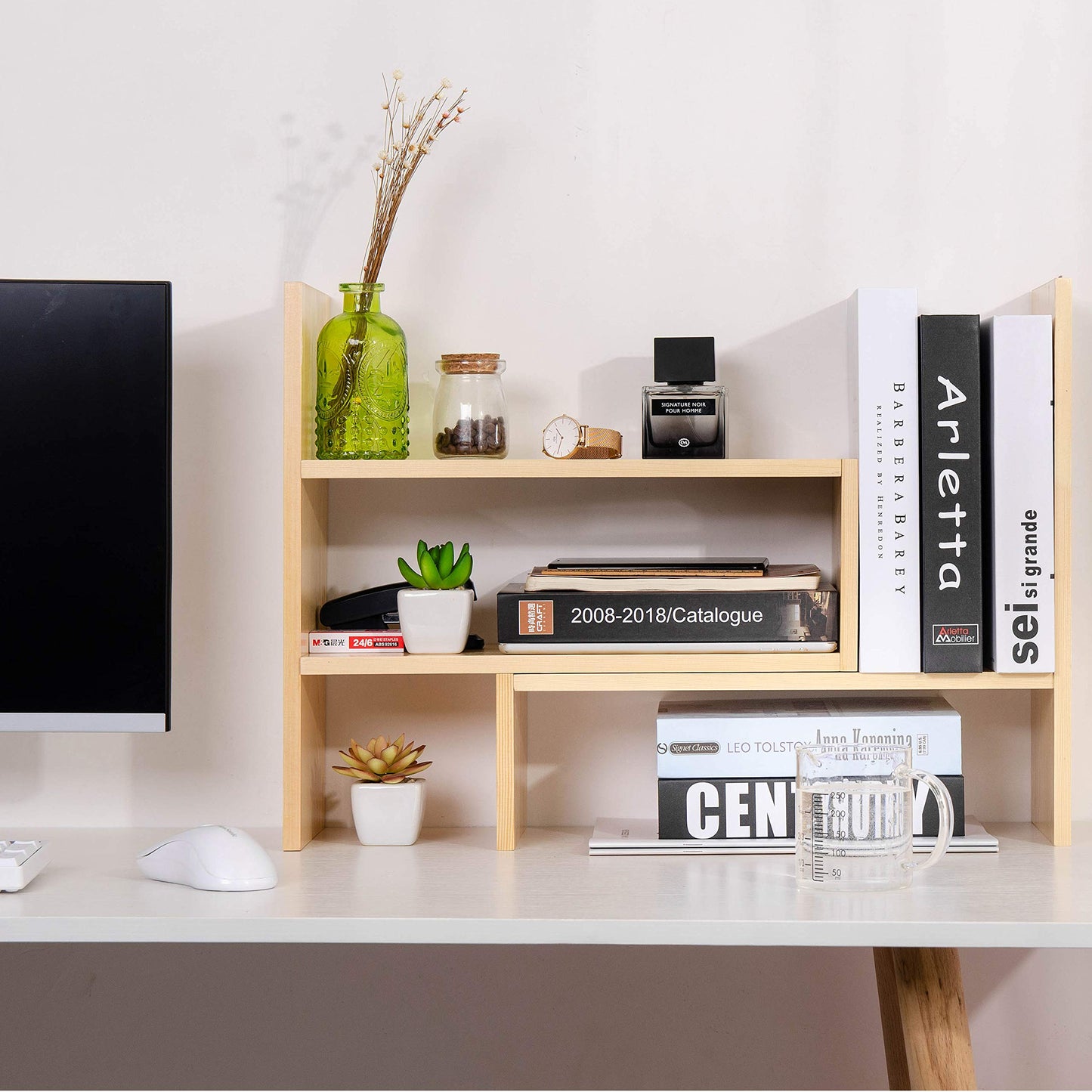 VERGOODR Desktop Organizer Office Storage Rack Adjustable Natural Wood Display Book Shelf Stand Rack Wood Caddy Desk Organizer Set Office Storage Expandable Tabletop