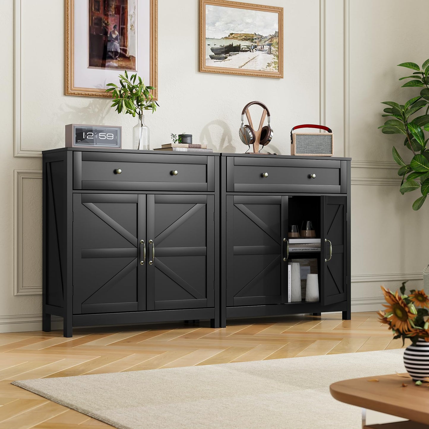 Mino Kesper Buffet Sideboard with 2 Barn Doors,Black Kitchen Cabinet with Adjustable Shelf, Freestanding Floor Storage Cabinet