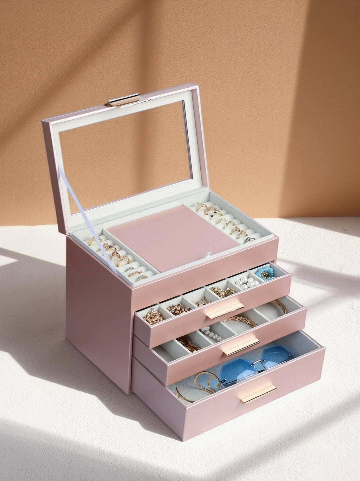 BOOVO Jewelry Boxes for Women, White and Black 6 Layer Large Jewelry Box for Necklace, Bracelet, Earrings, Rings Storage, Jewelry holder Organizer for Girls Gift (Rose gold, 4 layer)