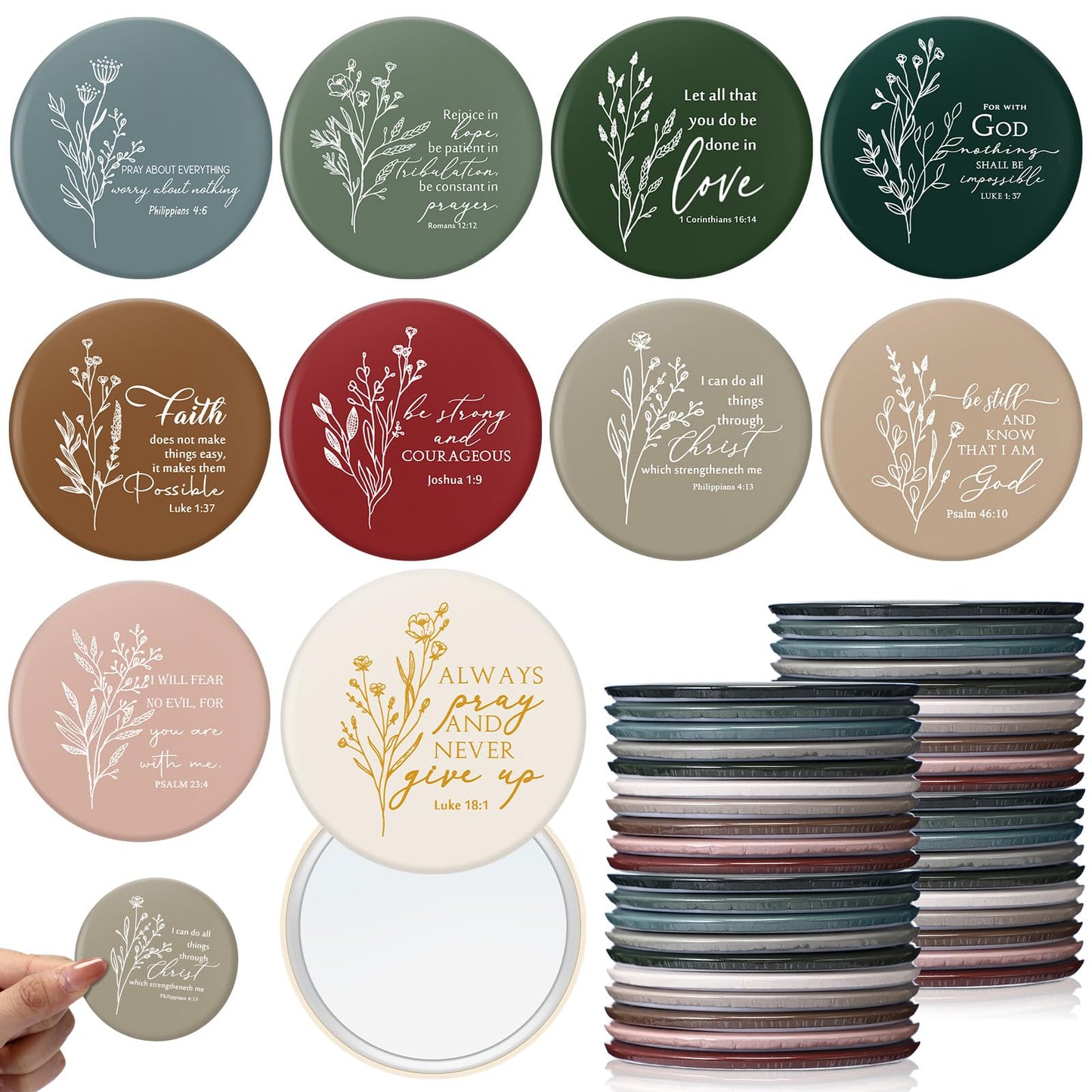 GlikCeil 40 Pcs Christian Compact Mirror Bulk for Women Inspirational Bible Verse Pocket Mirrors Mini Purse Makeup Mirror Christian Church Gift for Women VBS Church Party Favors