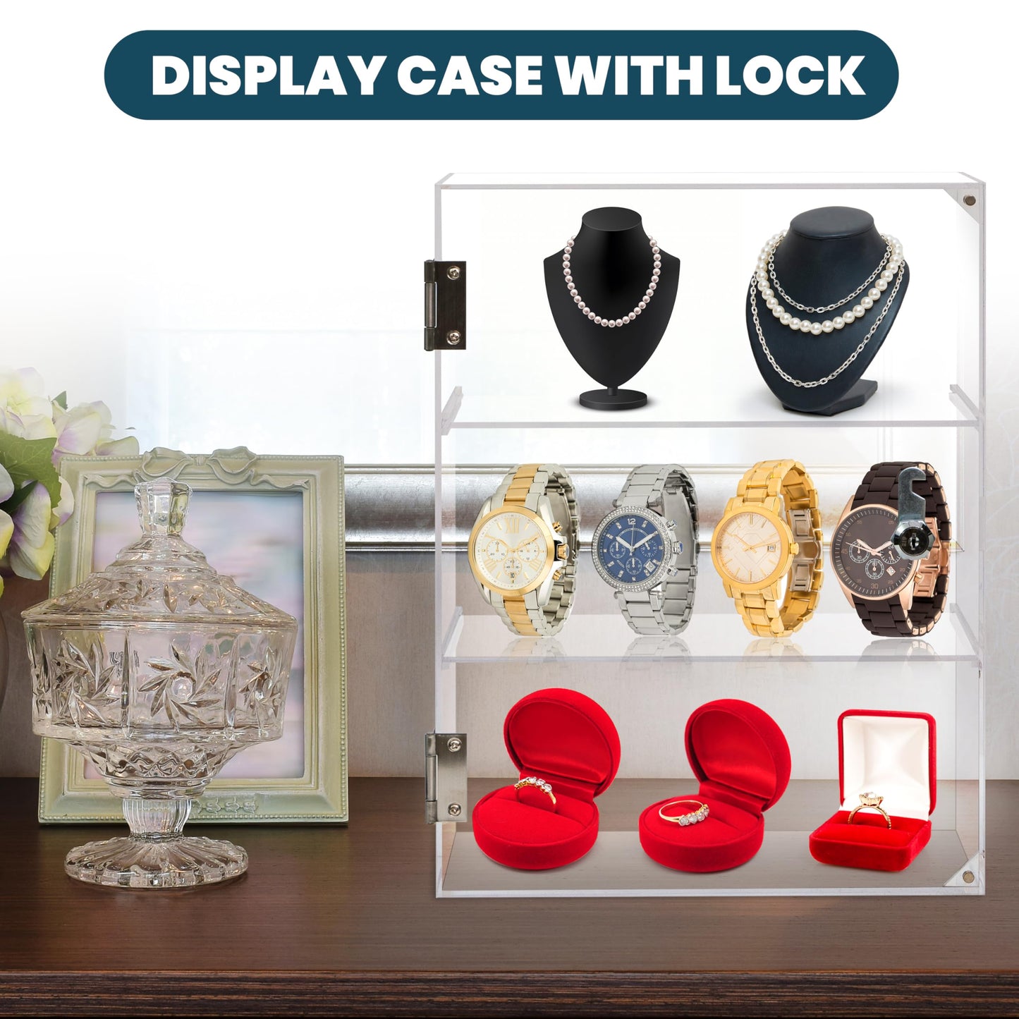 Locking Display Case, Removable 3-Tier Acrylic Display Case with Lock Key, Clear Countertop Display case with Shelves Showcase Display Cabinet for Retail Store Collectibles Figures(11.8x5.9x15.7 inch)