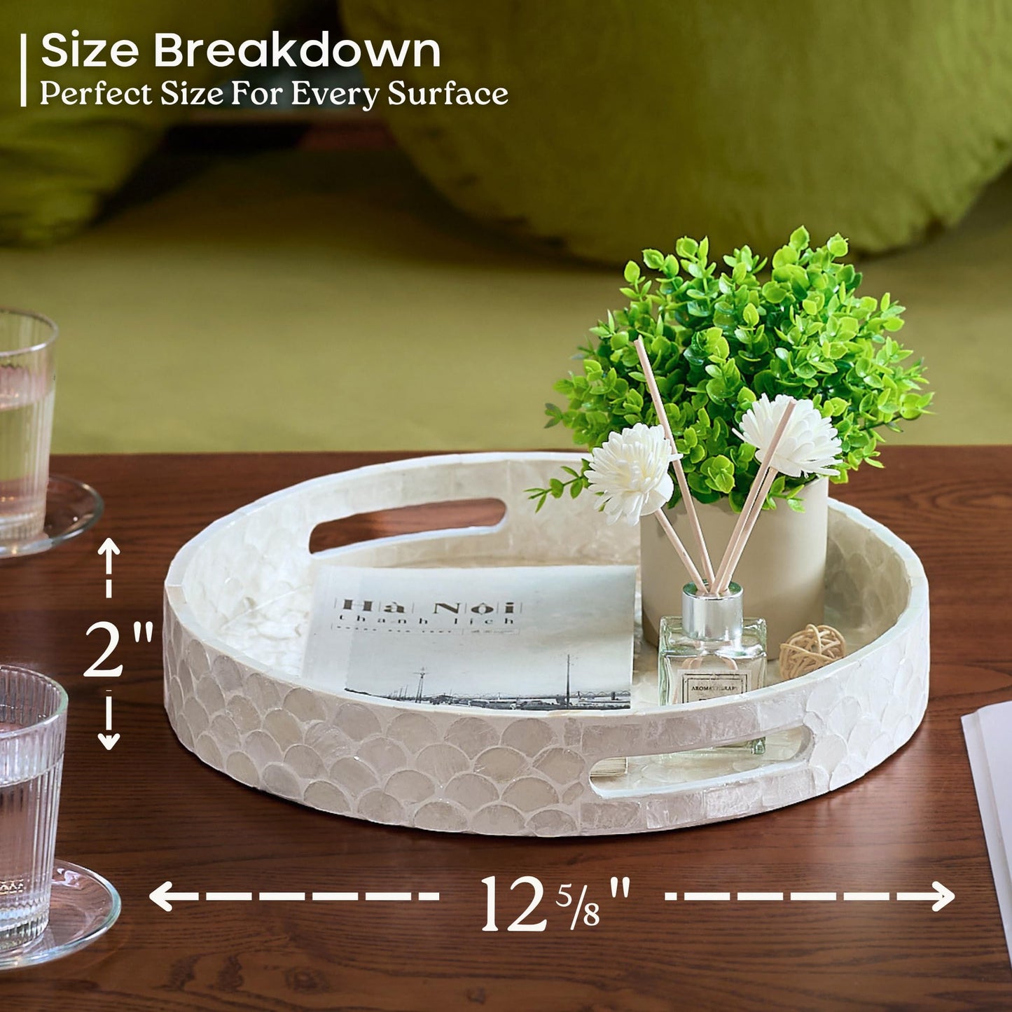 CHI AN HOME 12.6 Inch Capiz Round Decorative Tray, Decorative Serving Tray with Handles for Coffee Table, Kitchen Counter, Bathroom Vanity or Dining Table Centerpiece Tray, Modern Farmhouse Decor