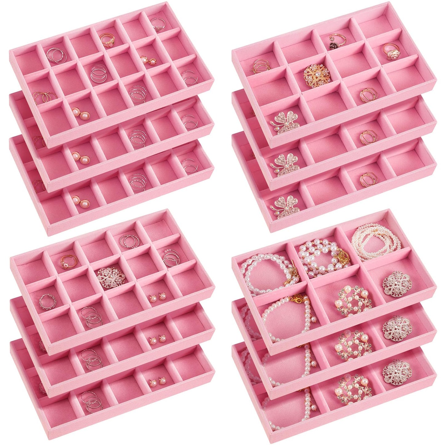 Junkin 12 Pcs Jewelry Tray Velvet Stackable Jewelry Organizer Trays Divided Earring Accessories Storage Containers Box(Pink)