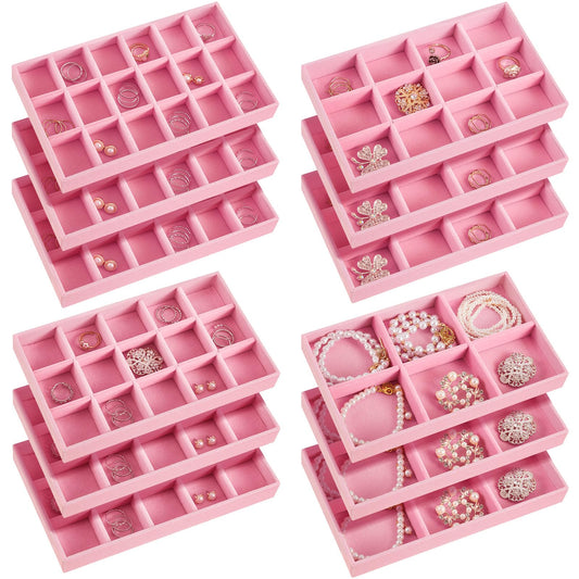 Junkin 12 Pcs Jewelry Tray Velvet Stackable Jewelry Organizer Trays Divided Earring Accessories Storage Containers Box(Pink)