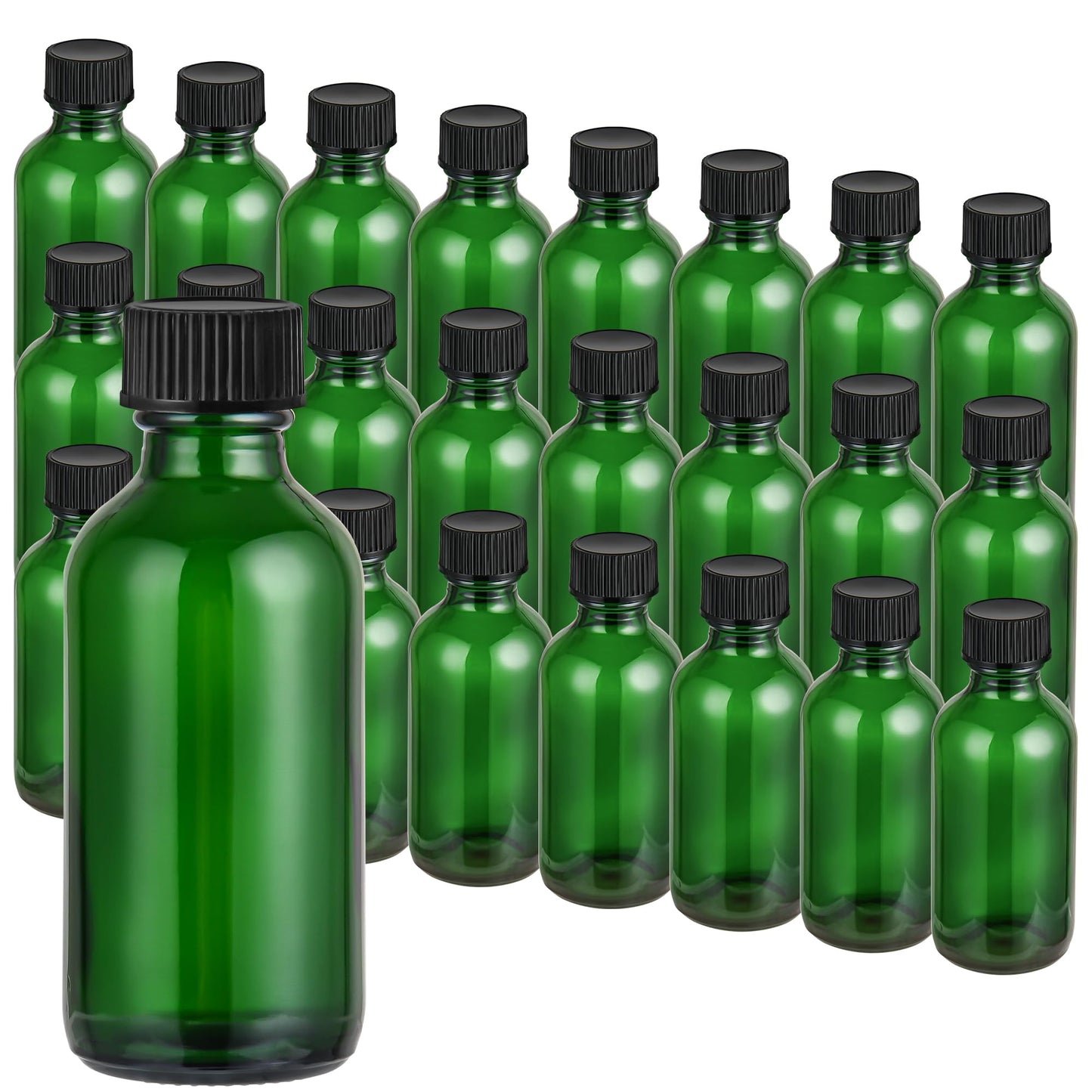 Exlvanto Small Glass Bottles with Lids Boston Round Shot Bottles for Health, Immunity, Ginger Juice, Essential Oils, Potion - Leak Proof Mini Travel Containers (Green UV, 2oz-24Pack)