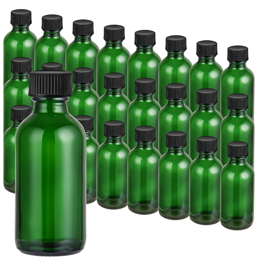 Exlvanto Small Glass Bottles with Lids Boston Round Shot Bottles for Health, Immunity, Ginger Juice, Essential Oils, Potion - Leak Proof Mini Travel Containers (Green UV, 2oz-24Pack)