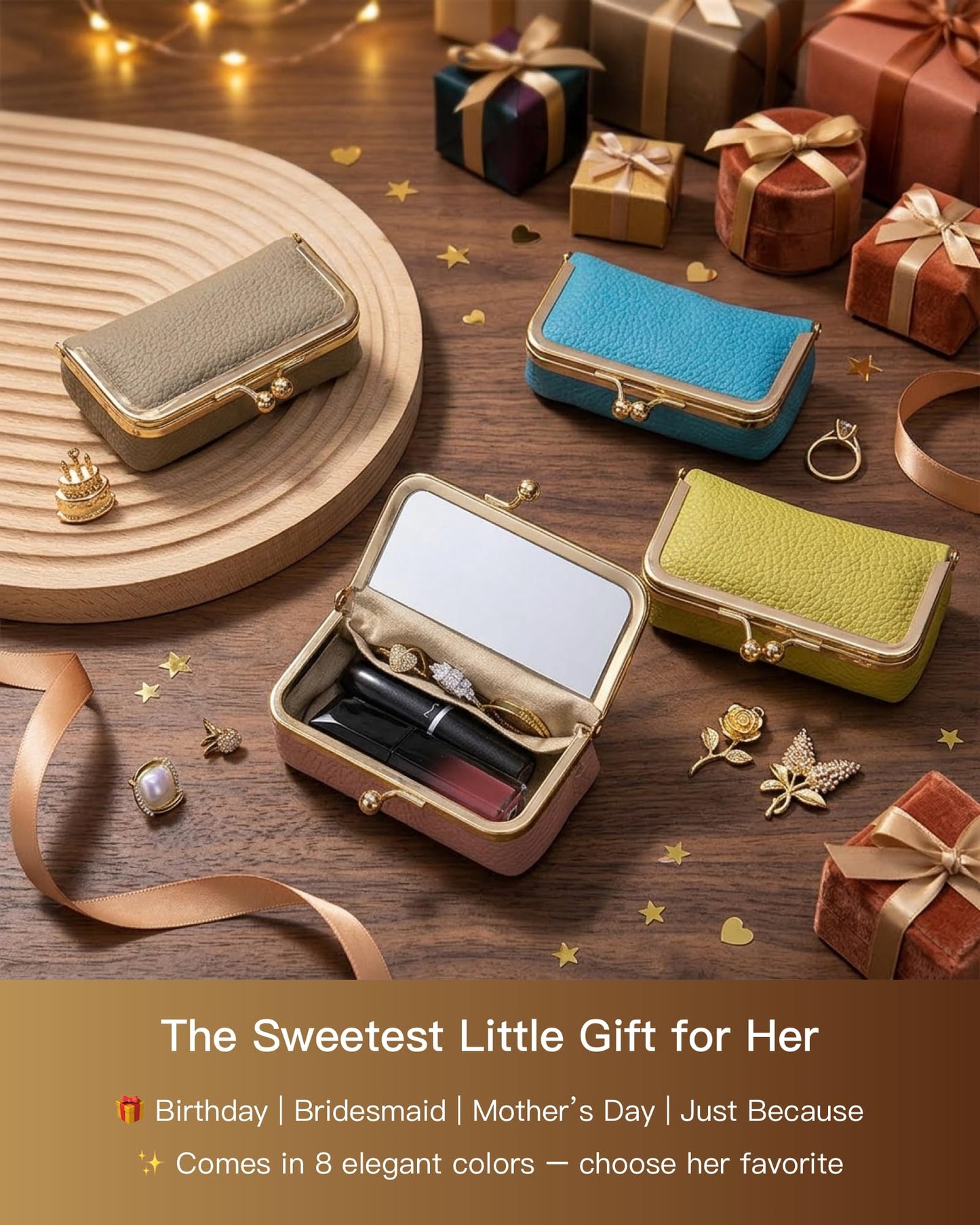 Nsciyise Genuine Leather Travel Jewelry Box, Mini Jewelry Organizer Case with Mirror for Women, Small Lipstick Bag for Purse, Cute Portable Gift for Her women giril (Black, Mirror)