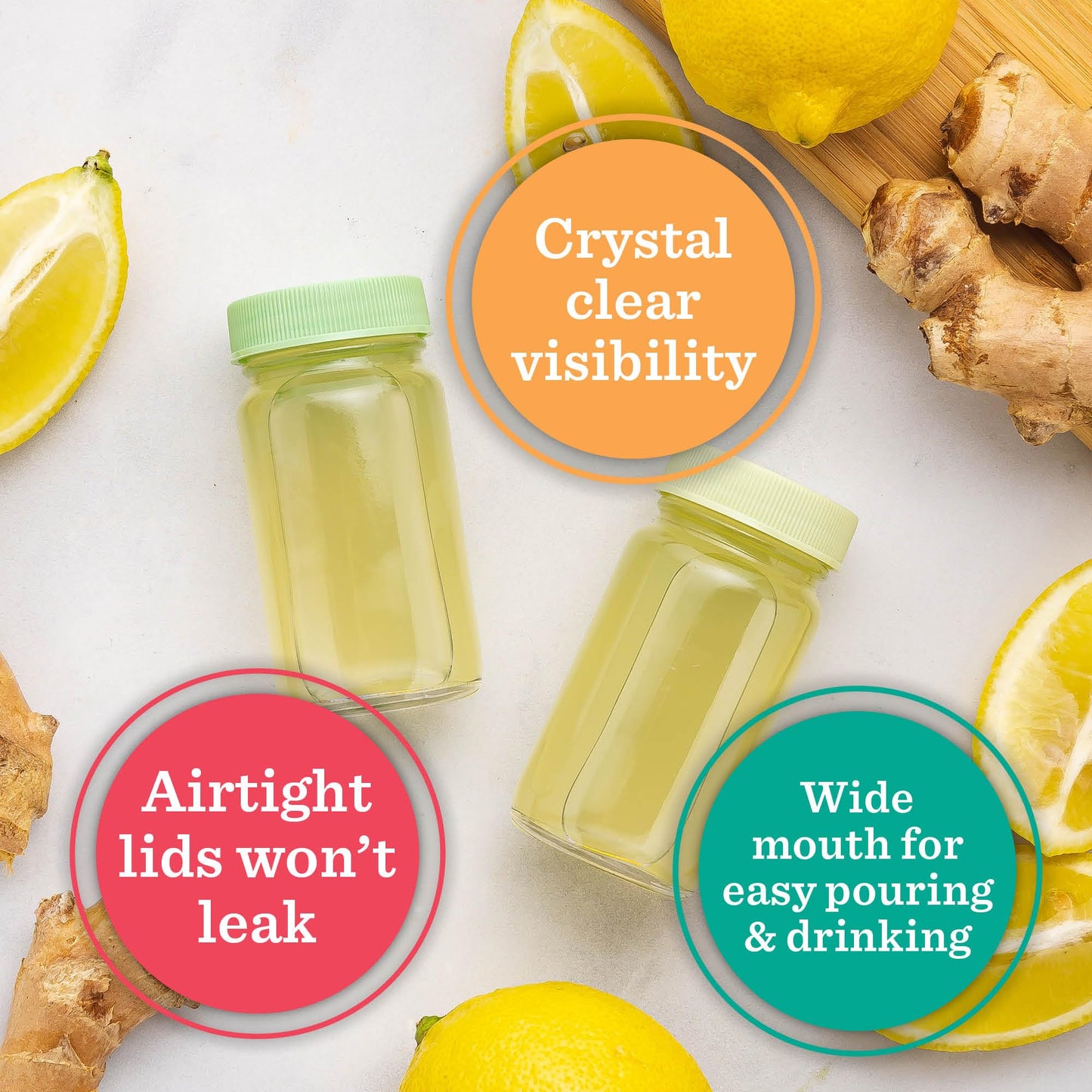 Glass Juice Shot Bottles with Caps, Clear, 2oz, Colored Lids & Silicone Grip Bands, Beverage Storage, Juicing, Turmeric & Ginger Shot Bottles