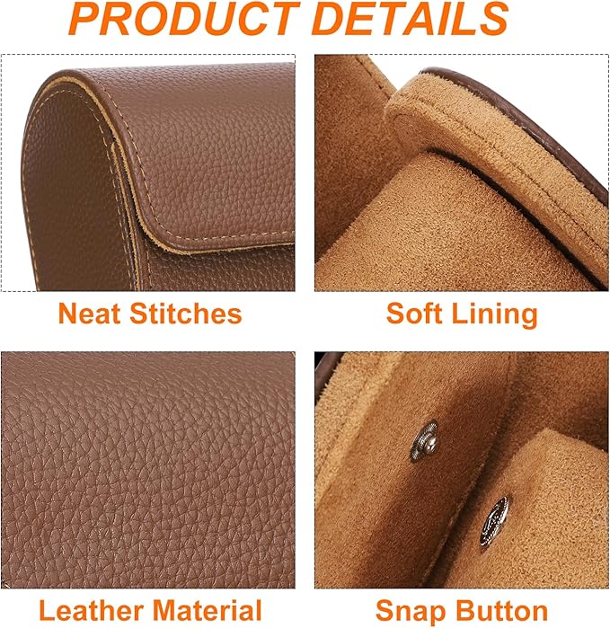 HARFINGTON Watch Roll Travel Case 2 Slot Portable Leather Watch Case for Men and Women, Watches Storage Organizer with Removable Pillow for Traveling, Display, Textured Brown