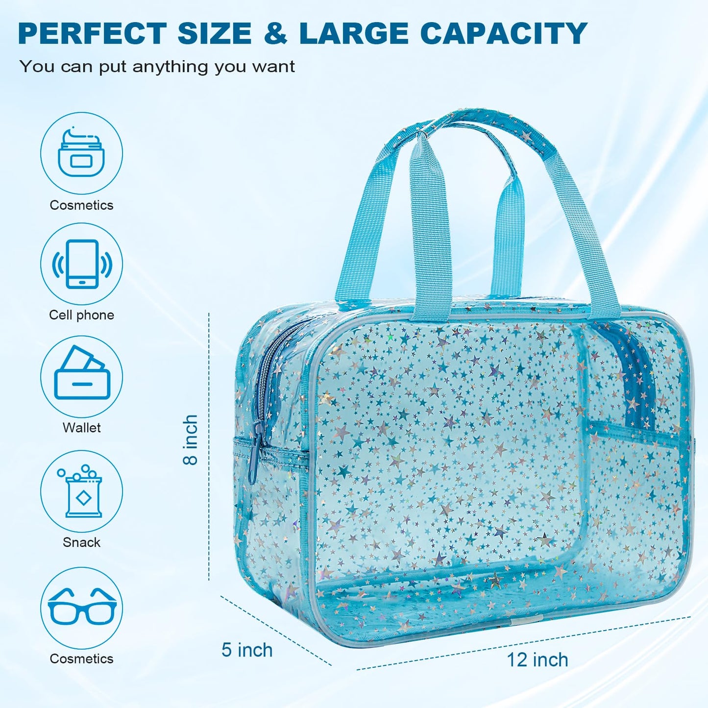 Junesters Clear Blue Star Large Makeup Bag with Star Pattern 12x5x8 inch, Travel Cosmetic Bag with Handle, Durable PVC Material Washbag Zipper Opening Design for Makeup Travel Organizer or Gym Use
