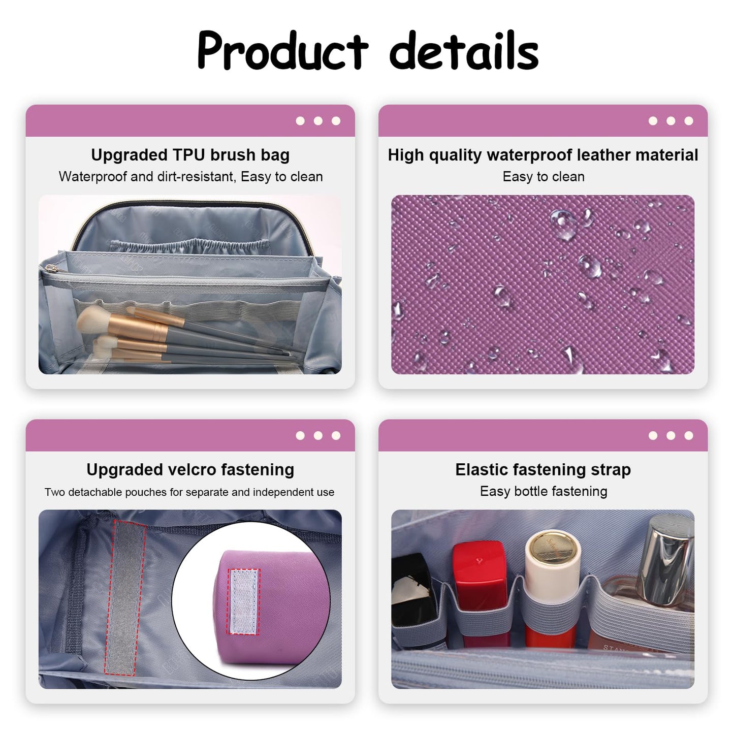 BOYATU Travel Makeup Bag Organizer Cosmetic Bag: 3 Pcs Set Make up Bags for Women with Handle - Waterproof Vegan Leather Toiletry Bags Travel Essentials Pouch with Compartments (A-05-Purple)