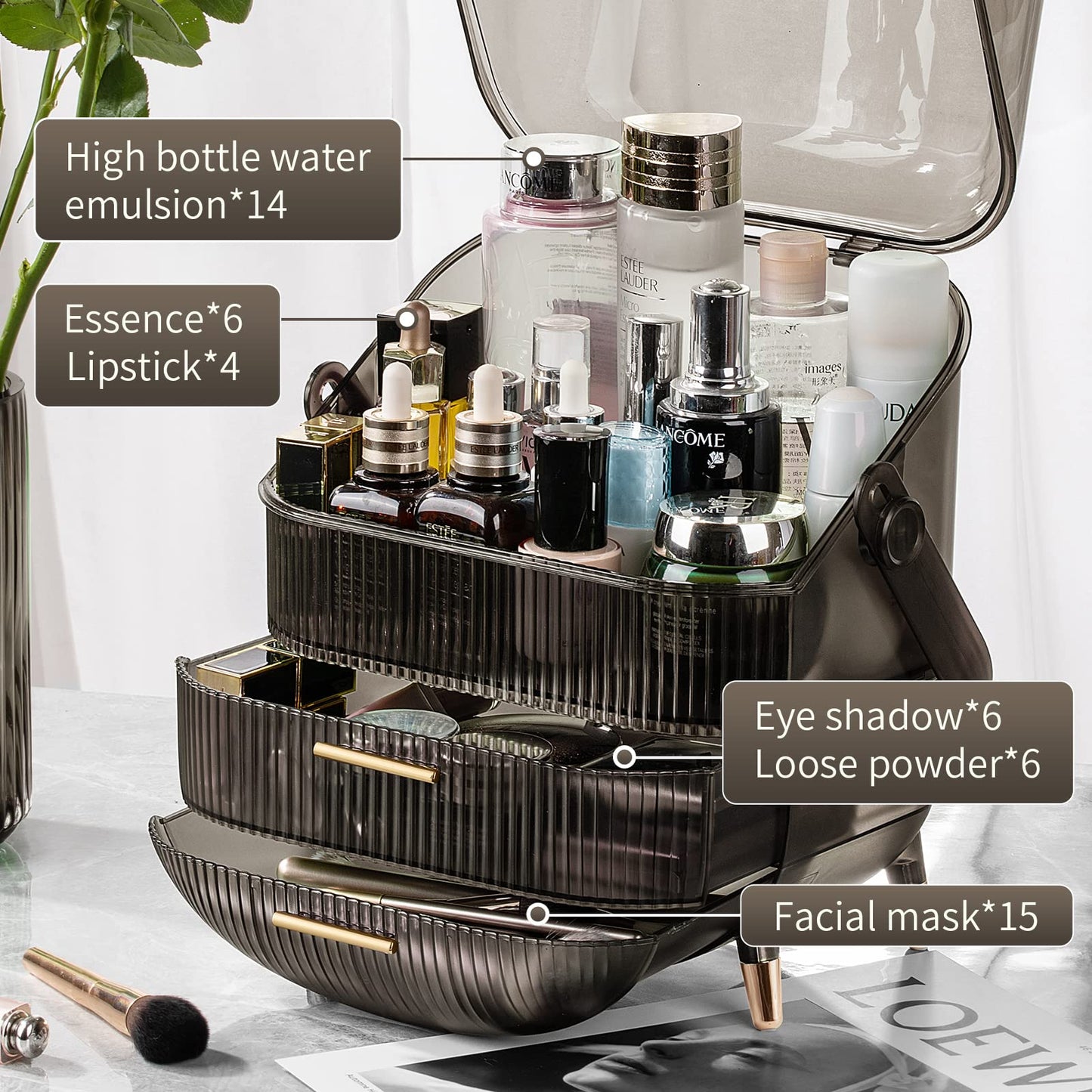 CANITORON Makeup Organizer,Large Capacity Skincare Organizer for Vanity,Cosmetic Organizer with 2 Drawers and Transparent Cover for Bedroom Countertop and Bathroom Countertop Storage.(Gray)