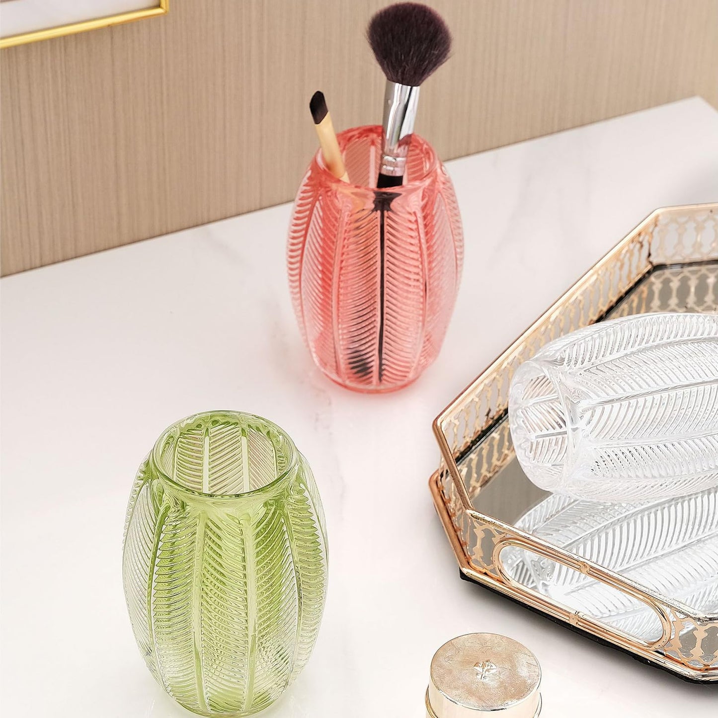 Gaolinci Leaf Stripes Clear Tumbler Cup Makeup Brush Toothbrush Holder for Bathroom, Vanity, Countertop, Desk and Bedside Table