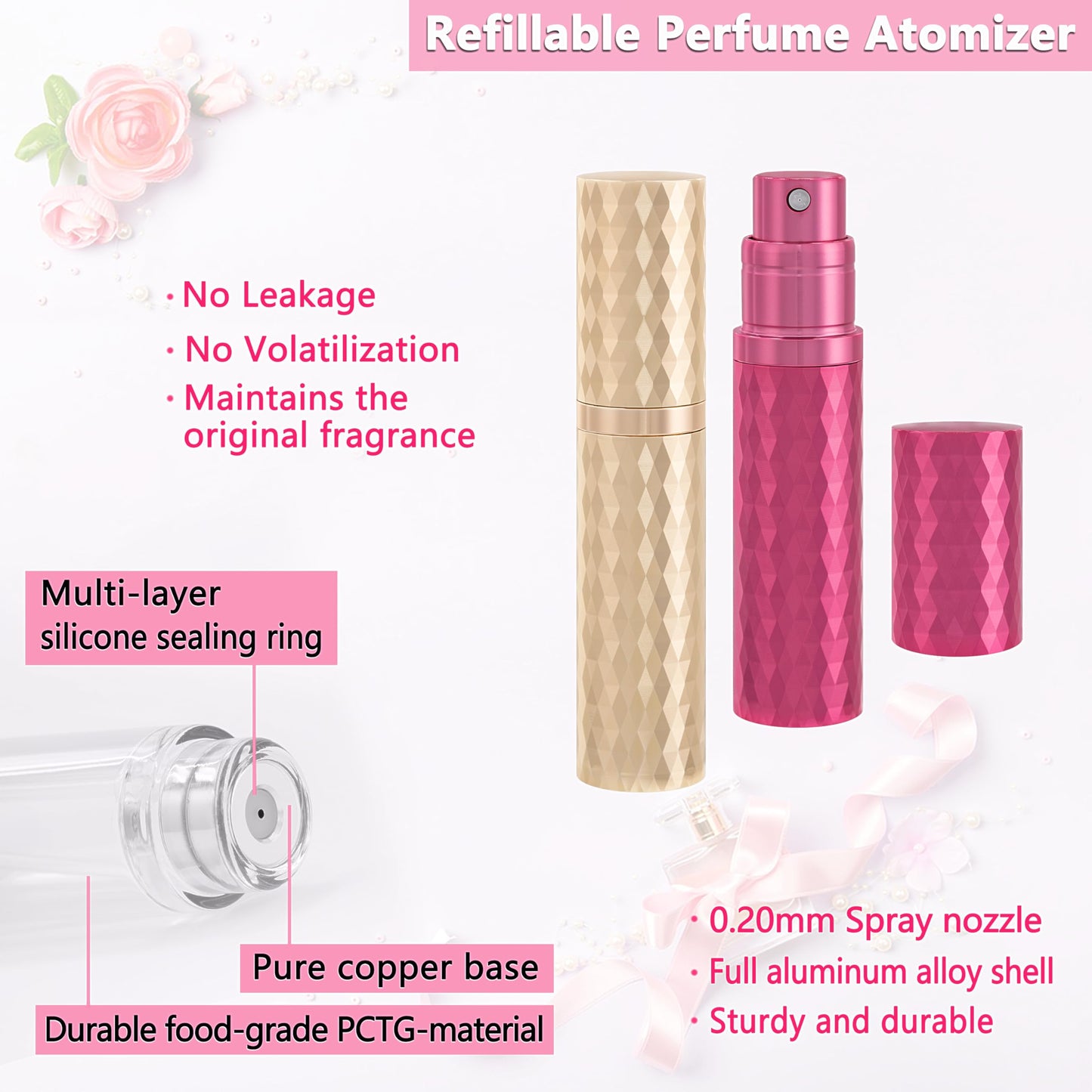ANTOKX Refillable Perfume Bottle Travel Atomizer - 5ML Luxury Leakproof Travel Perfume Atomizer Refillable, Perfume Travel Spray Bottle, Mini Perfume Bottle (Grey & Gold & Rose Red)