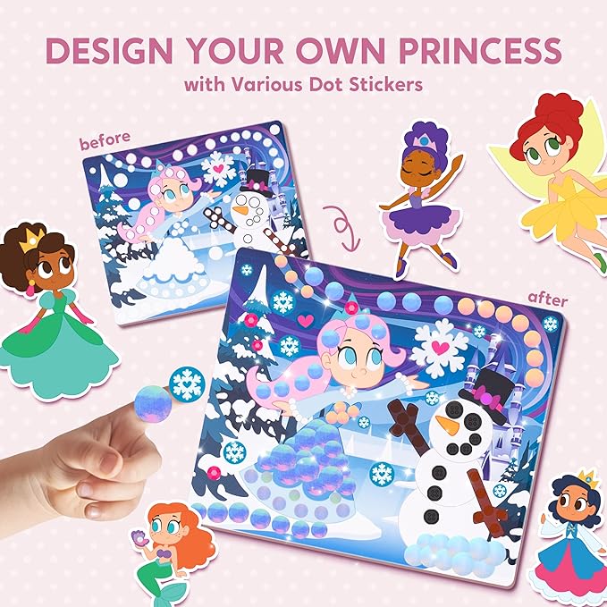 Klever Kits Dot Art Kit for Kids, No Mess Sticker for Toddlers 3-7, Craft Kits, DIY Creative Activity, Travel Toy, Birthday Presents for Boys Girls (Unicorns & Princess)