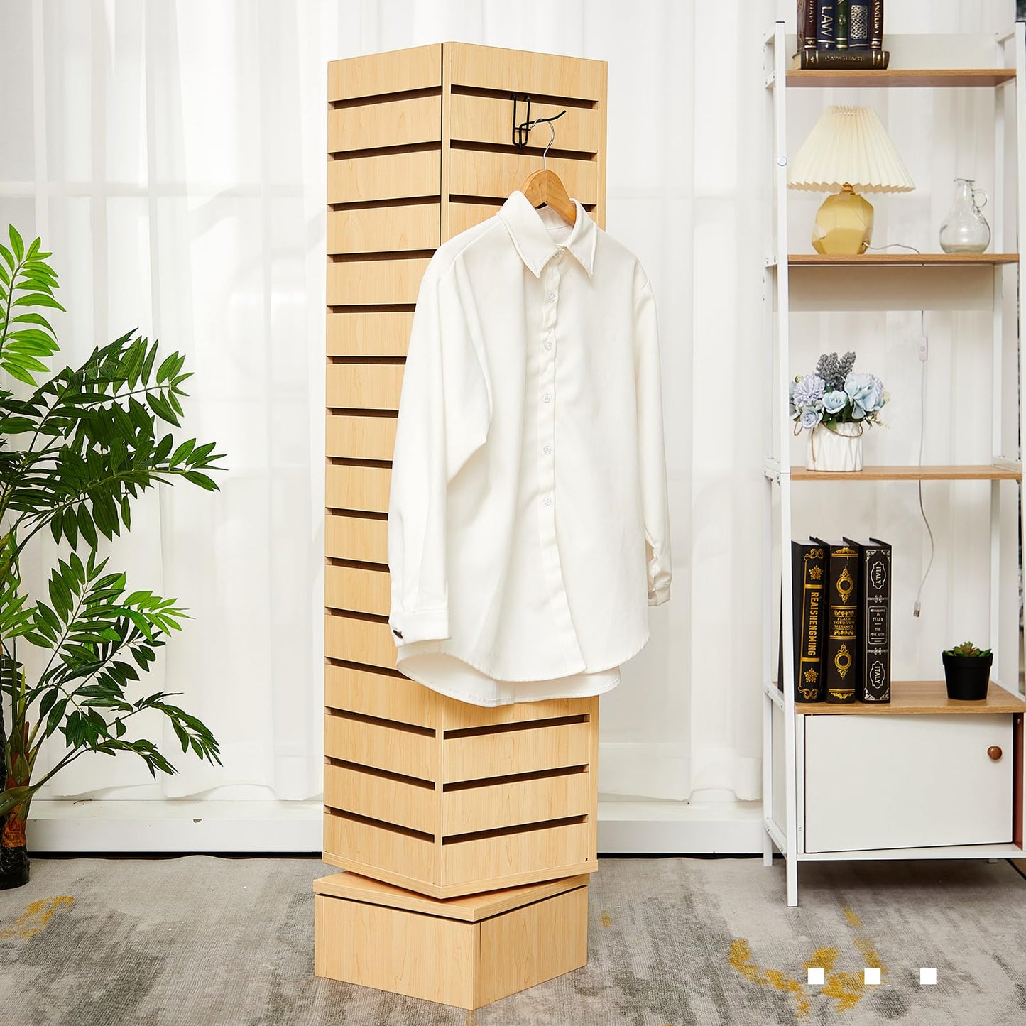 Beeveer Slatwall Tower Rotating 4 Sided Retail Fixture 4 Panel Slatwall Counter Spinner Keychain Display Stand for Retail Display Racks for Clothing Jewelry, 12''L x 12''W x 54'', Hook Not Included