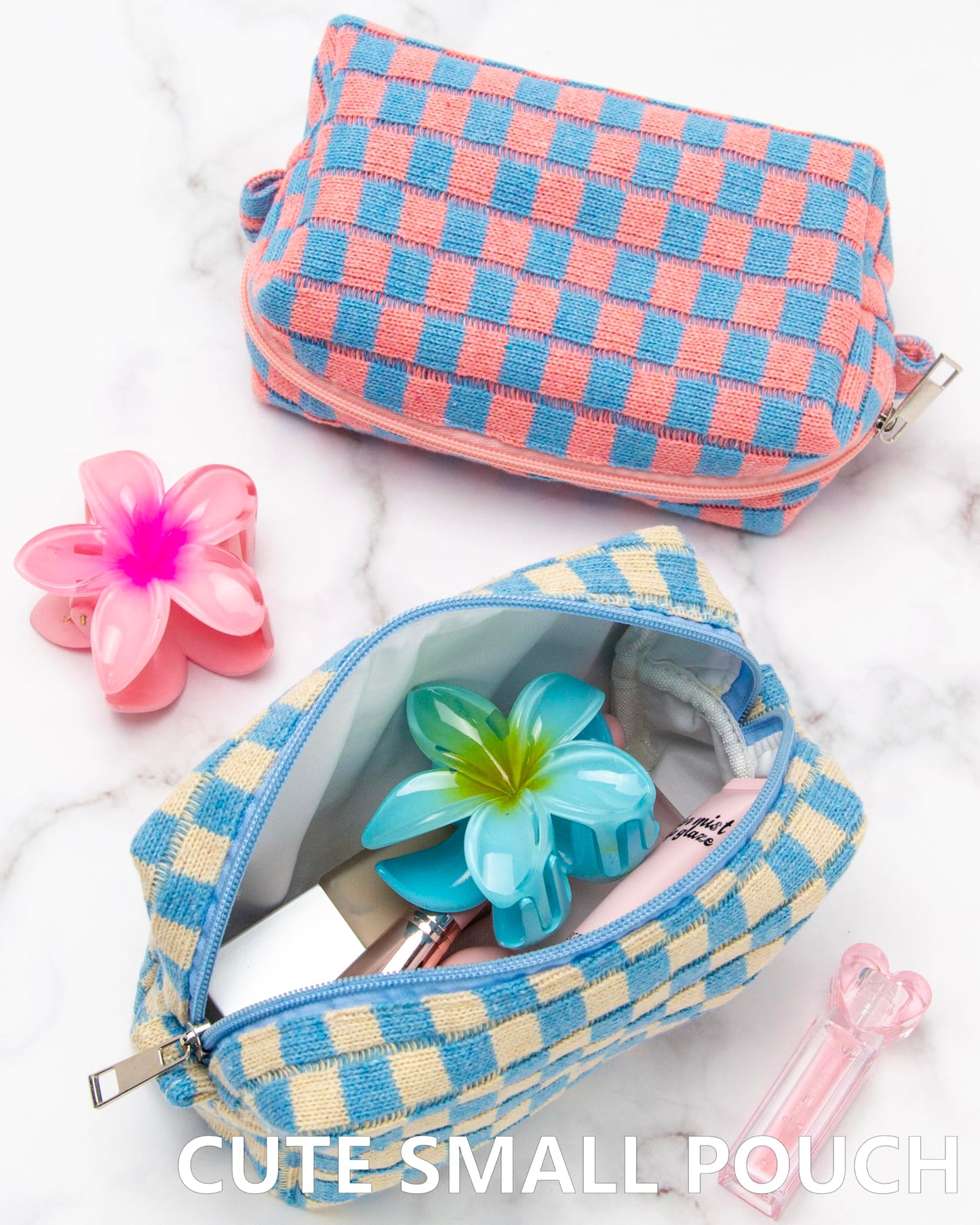 PAZIMIIK 6PCS Checkered Makeup Bag for Purse Portable Zipper Make Up Pouch Small Cosmetic Case for Travel Accessories Blue Beige
