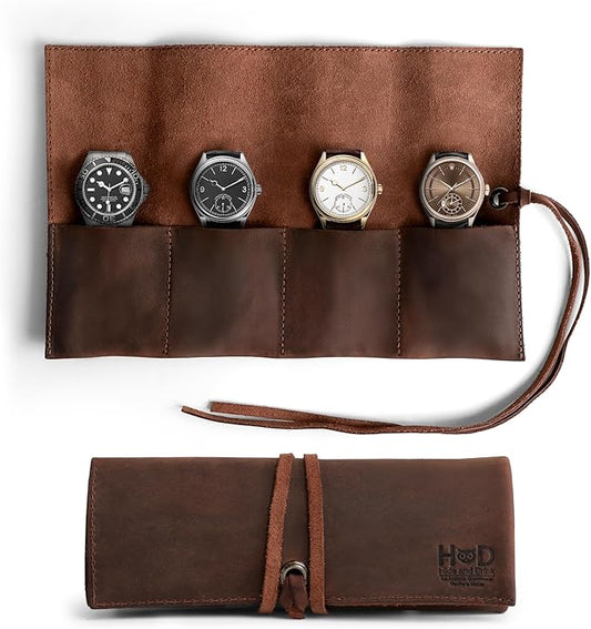 Hide & Drink, Leather Watch Roll Organizer Handmade from Full Grain Leather, Holds Up to 4 Watches, Easy Carry On Watchlover Storage (Bourbon Brown)