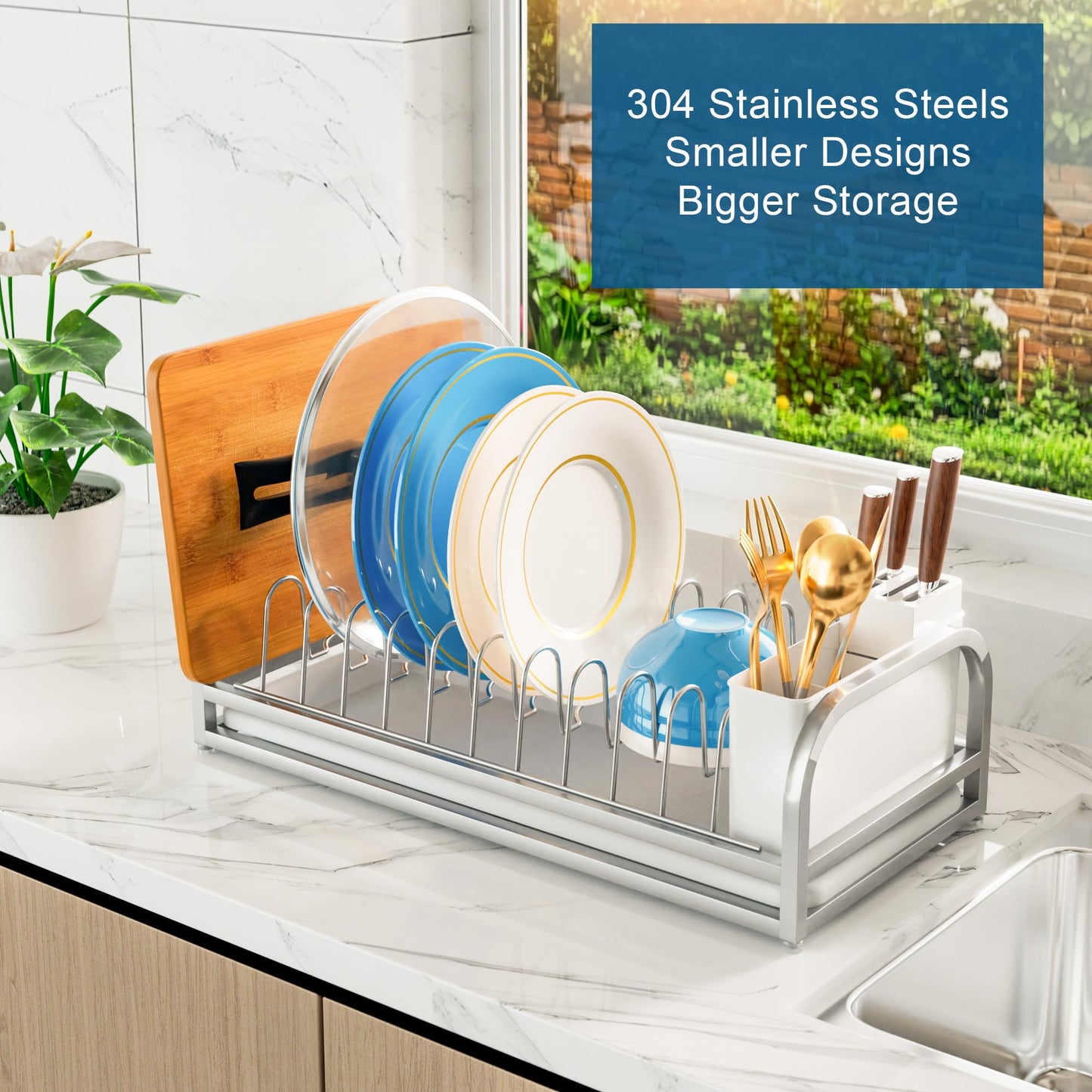 YEYPOP Dish Drying Rack for Small Kitchen Counter, 304 Stainless Steel Small Dish Rack w Utensil Holder & Tray for Limited Space, Rustproof Narrow Dish Rack for Pot & Pan, Plate, Lid (Silvery)