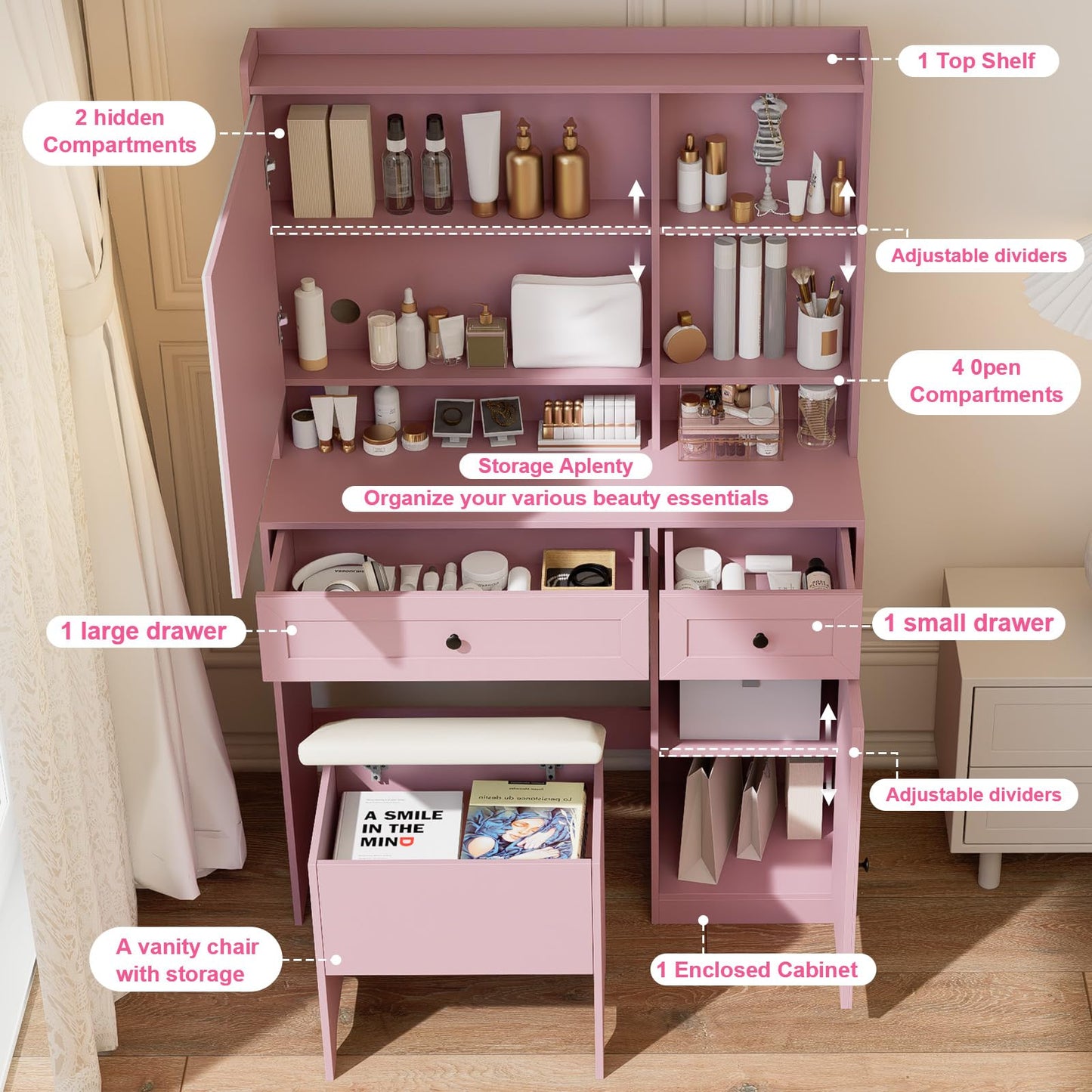 Hogxp Vanity Table with Hidden Storage & LED Mirror - Includes Padded Stool, 5 Compartments, 2 Drawers & 1 Storage Cabinet - Ideal Bedroom Makeup Dressing Table Pink