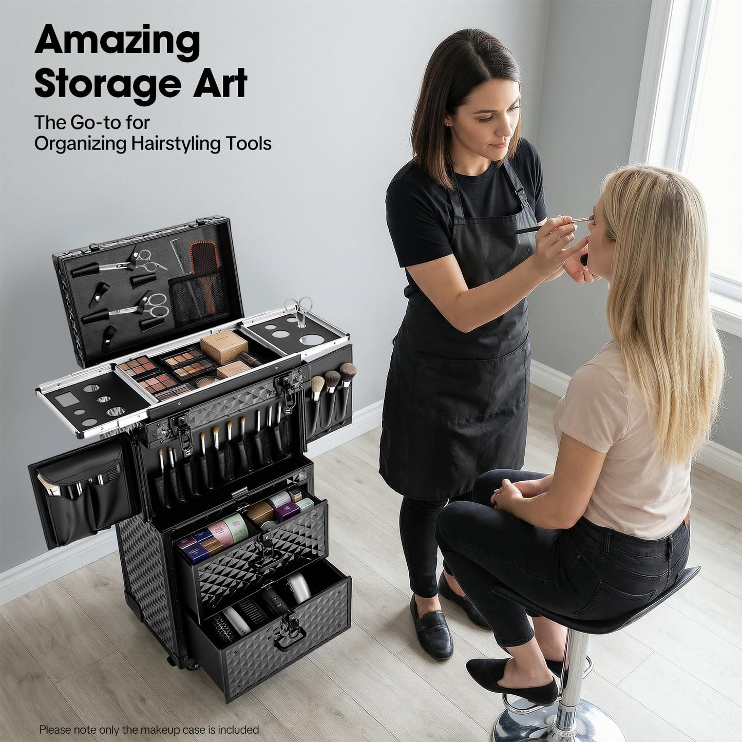 Beauty Rolling Makeup Train Case, Professional Lockable Rolling Salon Luggage, 15.35x10.4x32.28in Hairdressing Cart Storage Organizer Trolley Cosmetic Case, 4 Universal Wheels, Retractable Tray