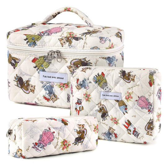 YINGJEE Large Quilted Makeup Bag for Women and Girls, Cute Coquette Floral Cotton Cosmetic Bag, Aesthetic Travel Organized Toiletry Bags (08-colorful cats)
