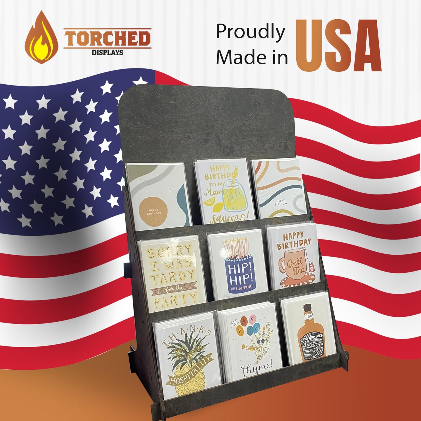 TORCHED DISPLAYS Greeting Card Organizer Display Stand – 3-Tiered Picture Stands for Display – Multipurpose Wooden Stand Ideal for Greeting Cards, Photos, Birthday Cards, Baseball Card Stand - Ebony