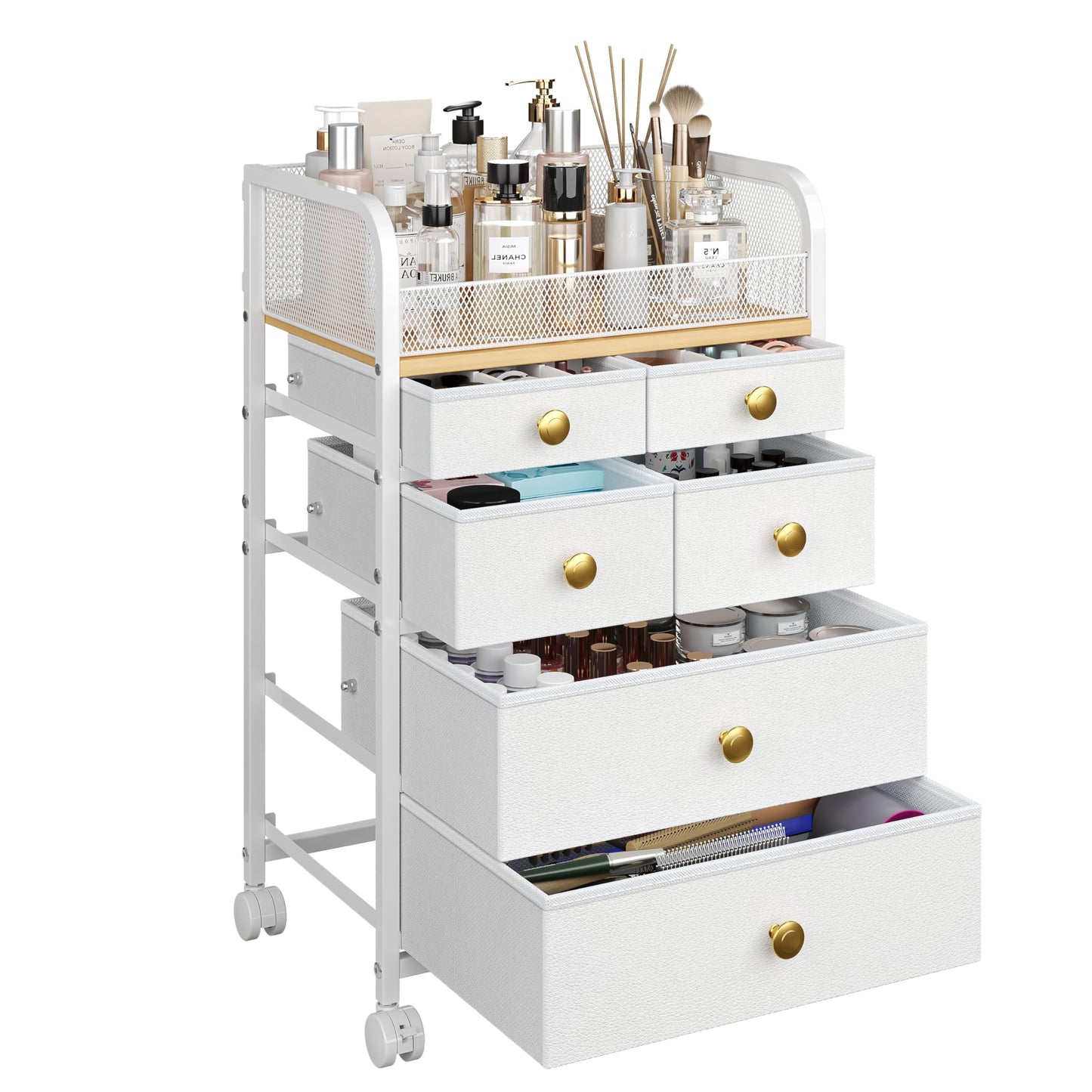 Uiithokyia Rolling Makeup Cart Organizer with 6 Drawers, Makeup Storage with Wheels, Floor Skincare Organizers Vanity Storage Organizer Cosmetics Display Cases for Skin Care Perfume Nail Polish, White