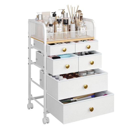 Uiithokyia Rolling Makeup Cart Organizer with 6 Drawers, Makeup Storage with Wheels, Floor Skincare Organizers Vanity Storage Organizer Cosmetics Display Cases for Skin Care Perfume Nail Polish, White