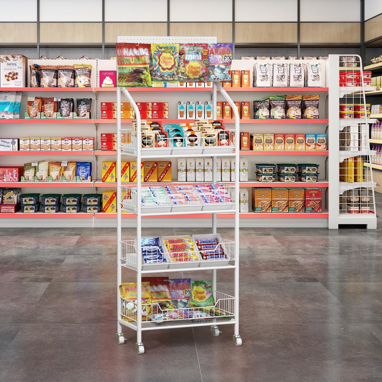 4-Tier Retail Snack Display Rack, Metal Candy Potato Chip Display Shelf with Wheels & Hooks, Free-Standing Snack Shelf Organizer for Store, Supermarket, Convenience Shop, Pantry & Kitchen, White