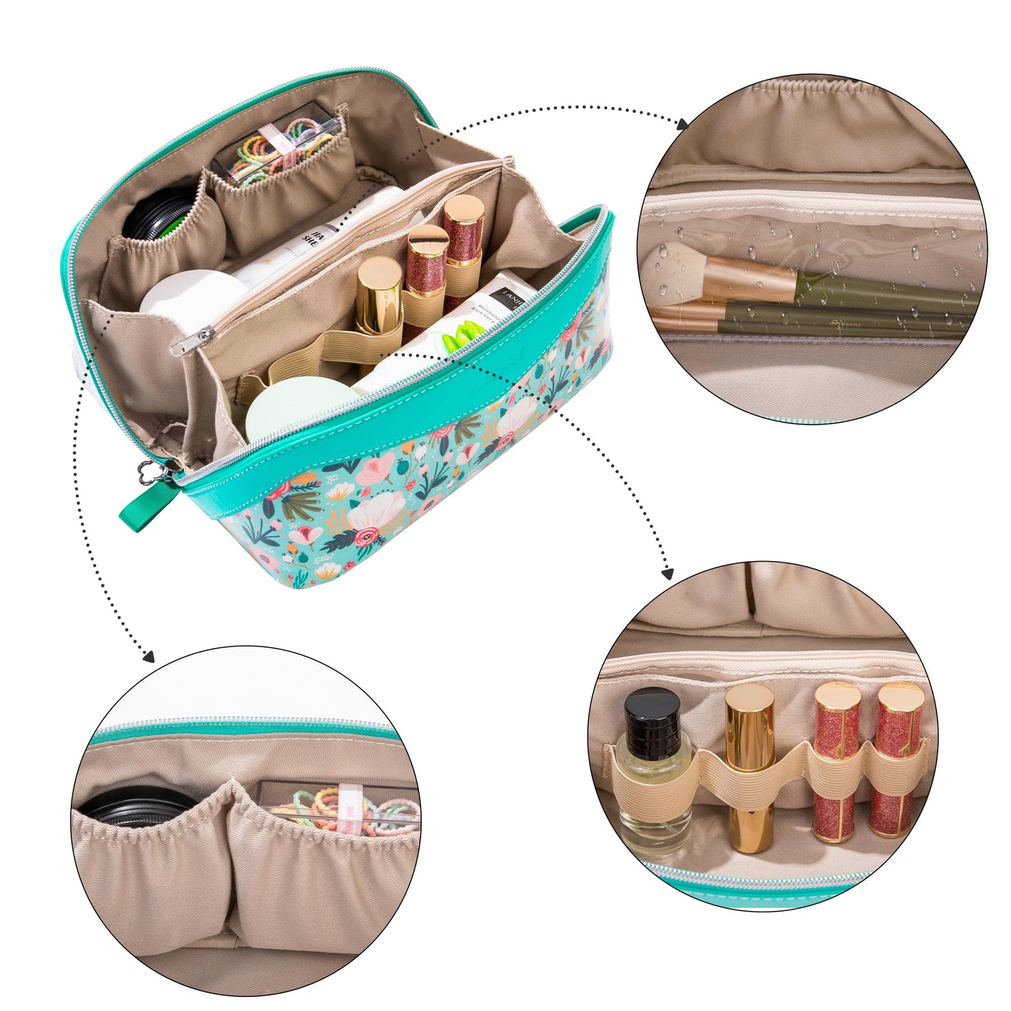 Mrsdry Travel Makeup Bag，Large-capacity waterproof cosmetic bag，Travel bags and toiletries bags for women，PU leather material，Multi-zone and large opening design (Floret)