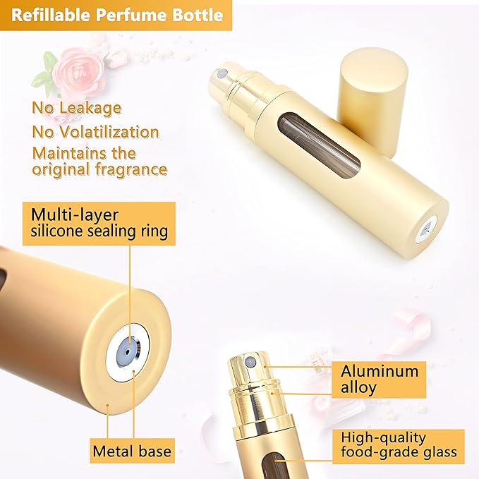 Perfume Travel Refillable Atomizer - 3-Pack 5ML Pocket Perfume Atomizer, Travel Perfume Atomizer Refillable Perfume Spray Bottle (Gold & Gray & Silver)