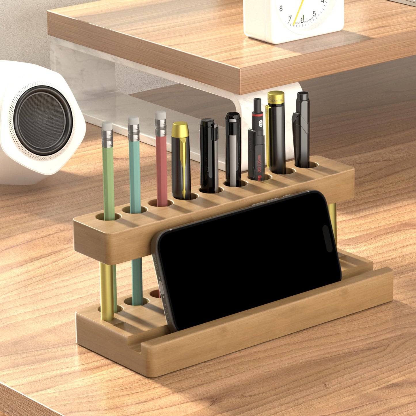 Cewomuc Wooden Holder for Office Desk, Solid Wood Pen Display Stand With 9 Slots and Cell Phone Holder, Aesthetic Pen Organizer for Minimalist Office Desk Decor (Wood+Gold)