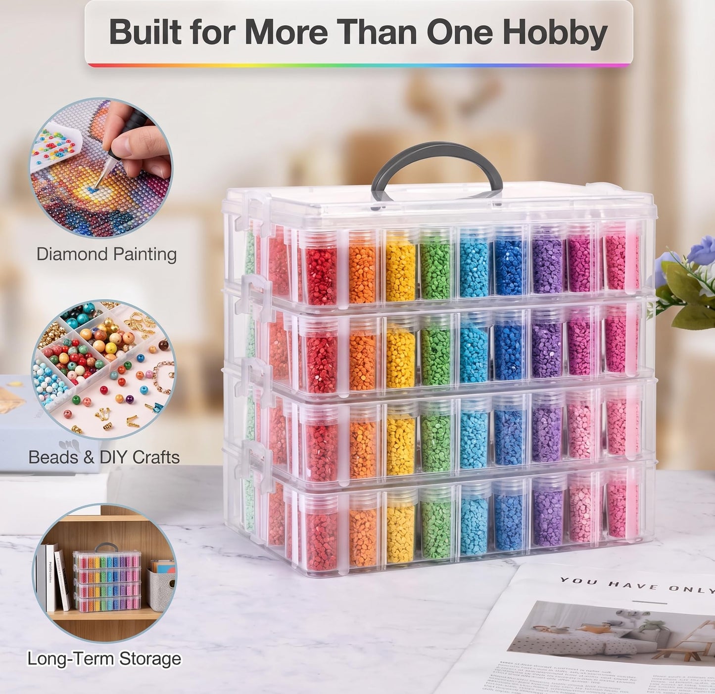 MERATIA Diamond Painting Storage Container, 4-Tier Bead Organizer Box with 200 Slots, Stackable Crafts Organizers for DIY Diamond Art Accessories Craft Jewelry Bead Storage